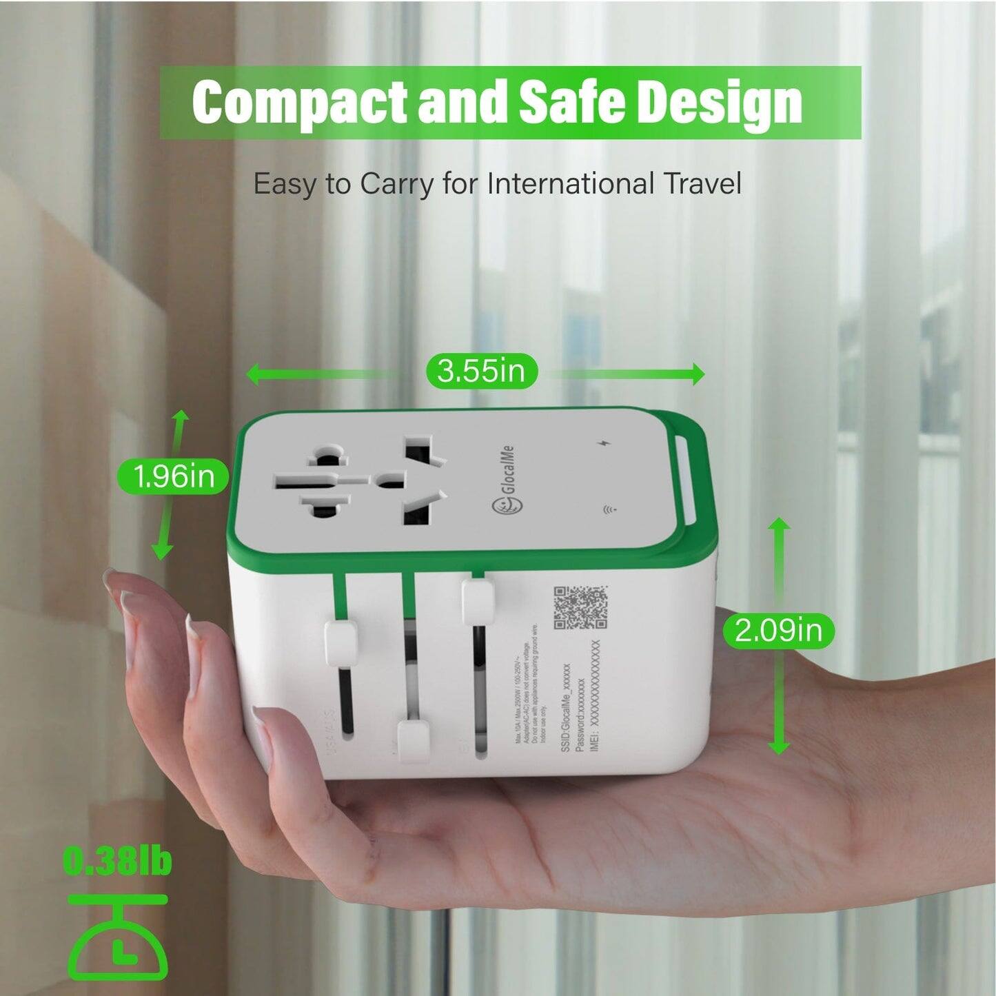 Compact and Safe Design  
Easy to Carry for International Travel  

3.55in x 1.96in x 2.09in  
0.38lb  

GlocalMe 550  
Password: [redacted]  
IMEI: [redacted]