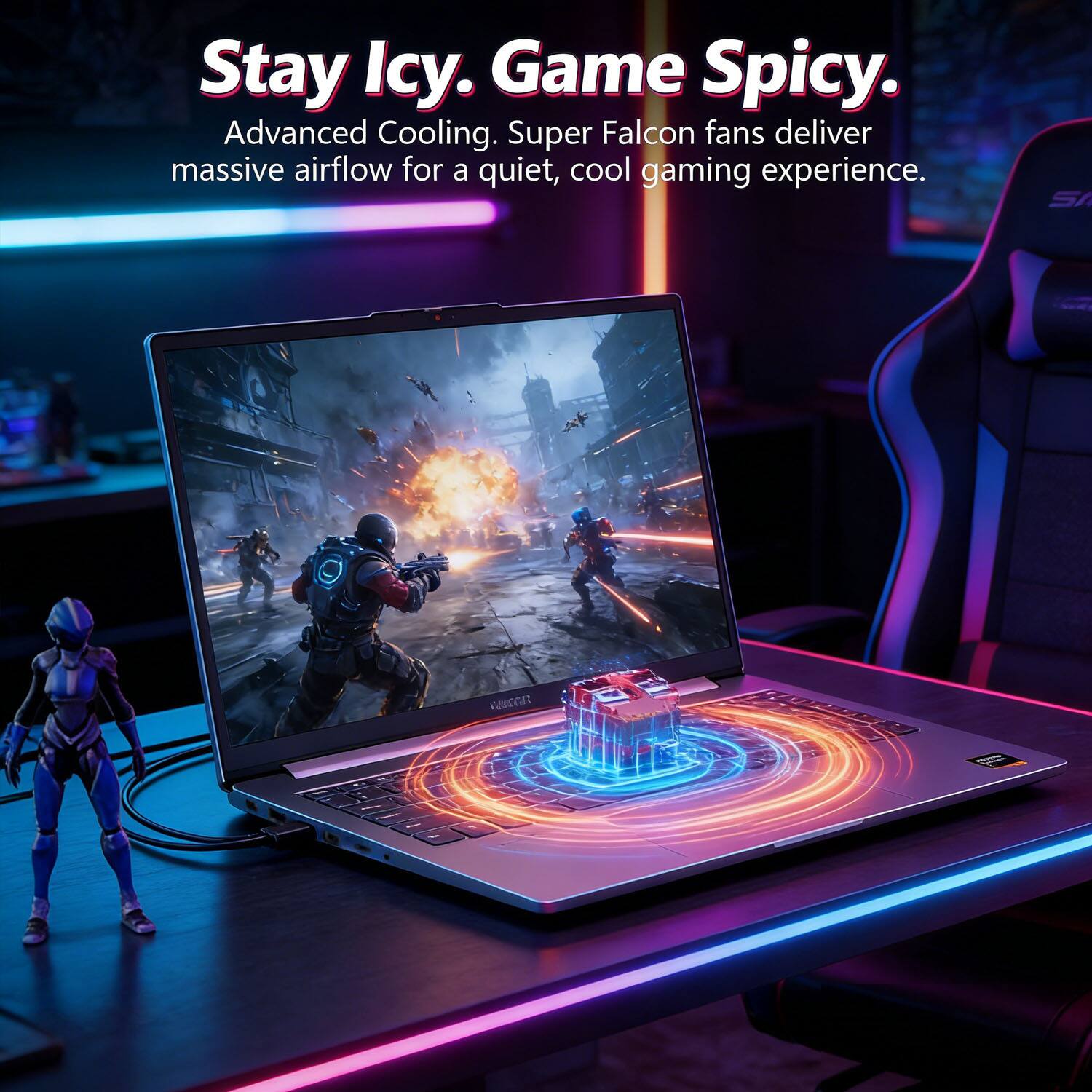 Stay Icy. Game Spicy.  
Advanced Cooling. Super Falcon fans deliver massive airflow for a quiet, cool gaming experience.