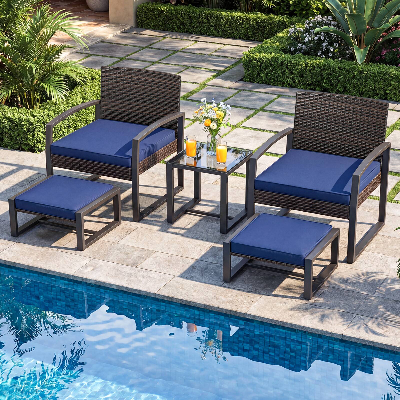 Alt View 4. Costway - Costway Outdoor Furniture Set, Patio Rattan Conversation Set for Balcony,Porch, Backyard - Mix Brown+Navy Blue.