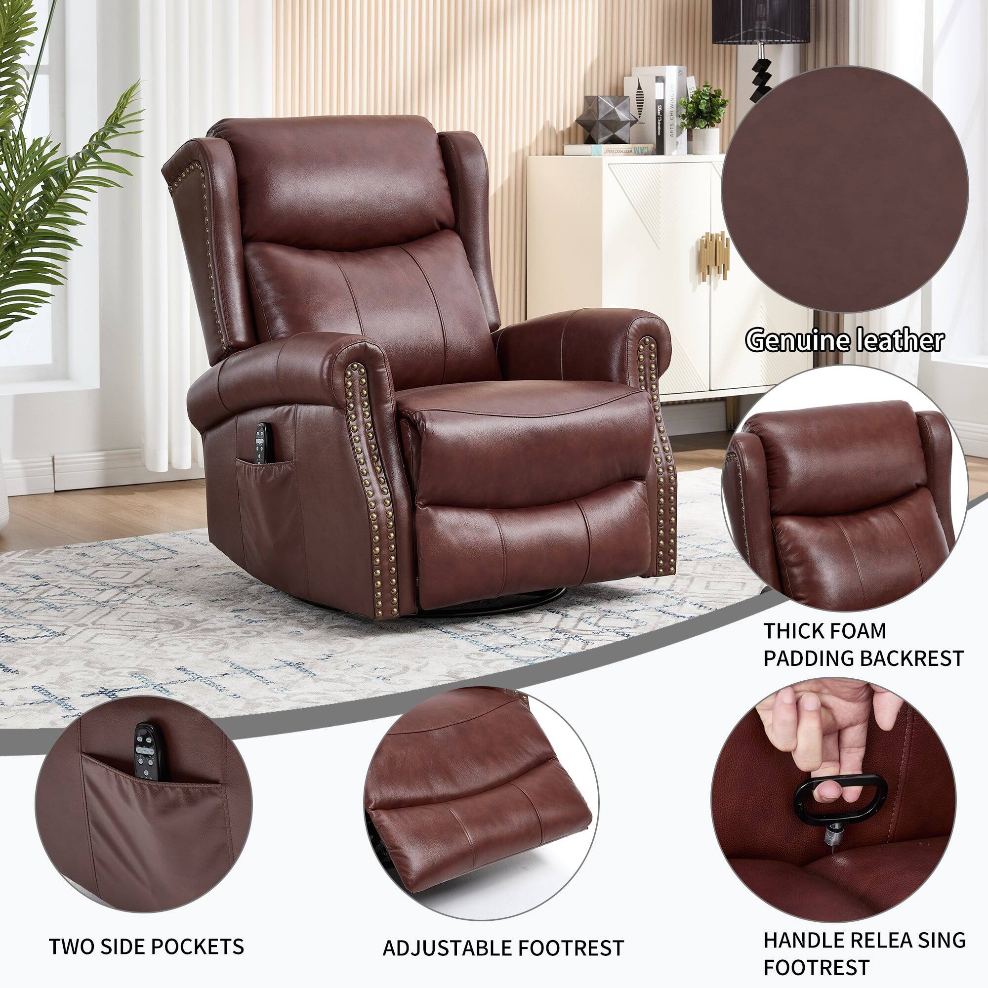 - Genuine leather
- Thick foam padding backrest
- Two side pockets
- Adjustable footrest
- Handle release footrest