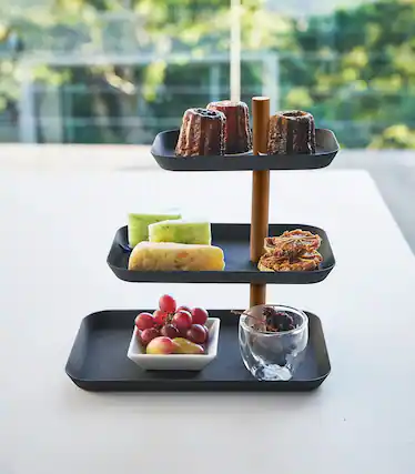 Front. Yamazaki Home - Three-Tier Display Tray - Steel - Walnut.