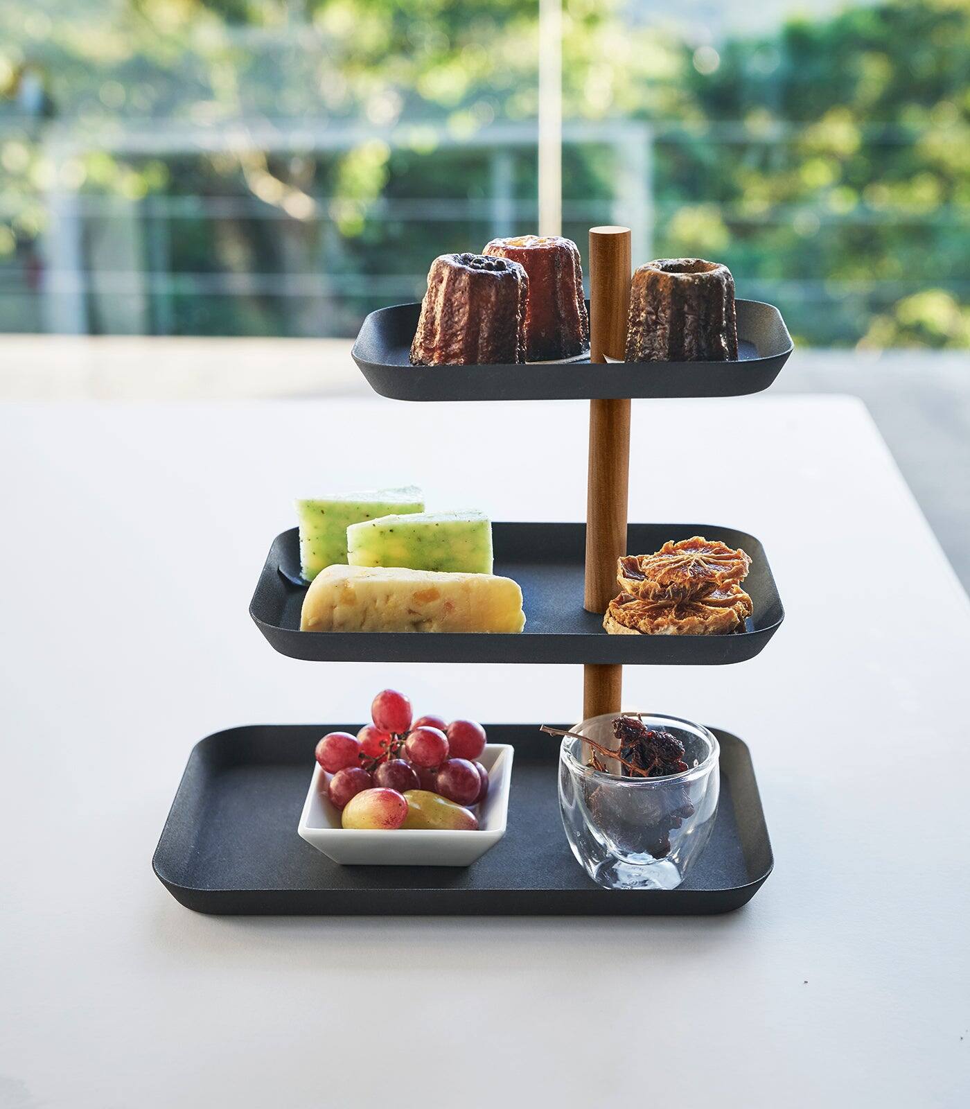 Front. Yamazaki Home - Three-Tier Display Tray - Steel - Walnut.