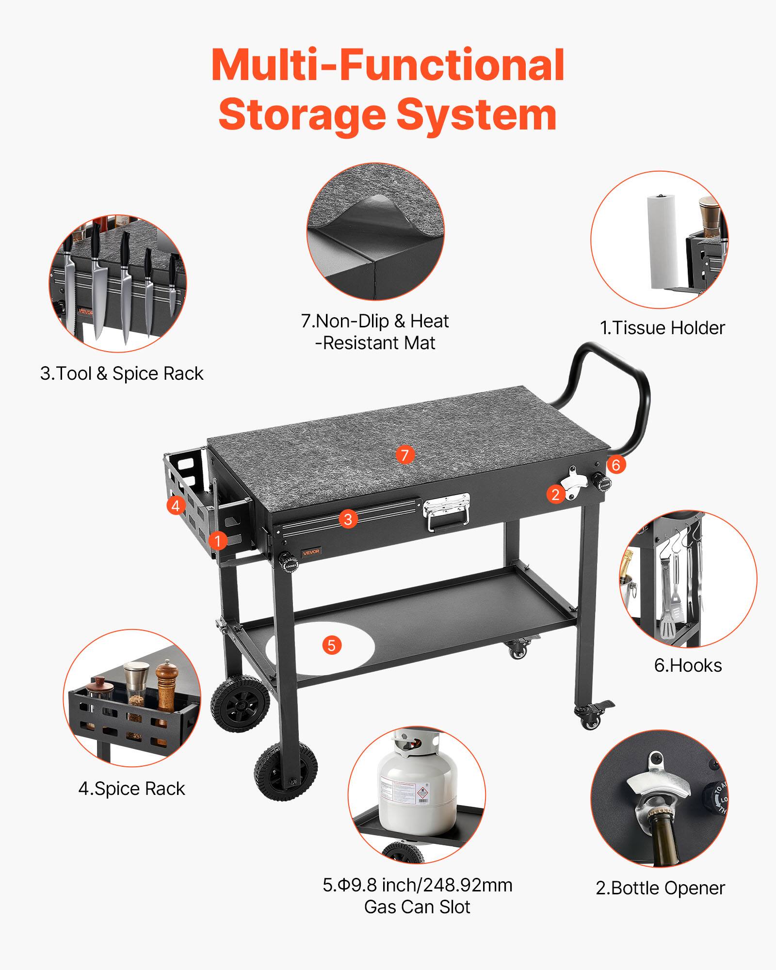 Multi-Functional Storage System

1. Tissue Holder
2. Bottle Opener
3. Tool & Spice Rack
4. Spice Rack
5. 9.8 inch/248.92mm Gas Can Slot
6. Hooks
7. Non-Drip & Heat-Resistant Mat