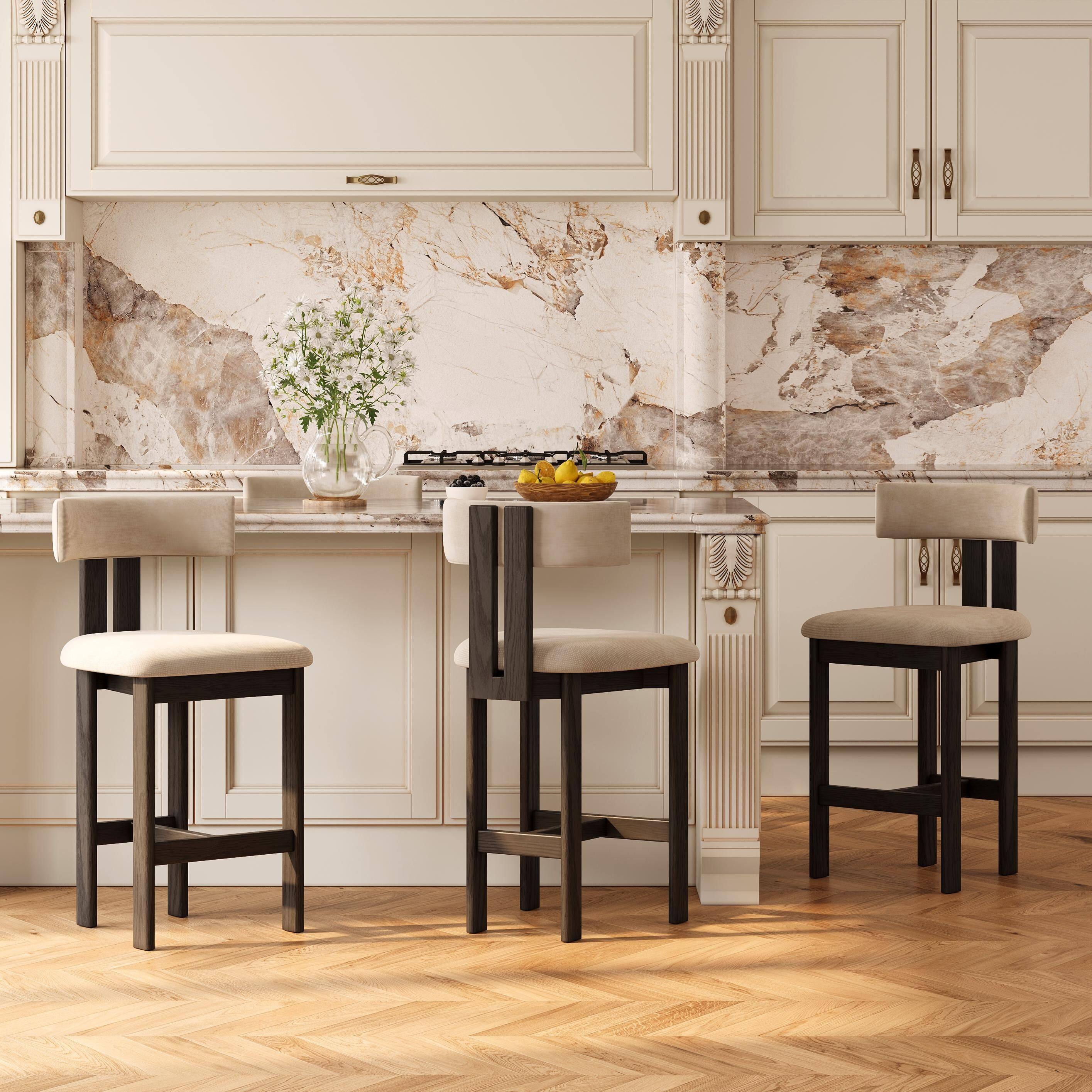 Back. POVISON - 26" Fully Assembled Mid-Century Modern Counter Height Bar Stools Set of 2, Cotton Linen Beige & Black - Beige & Black Cotton Linen.