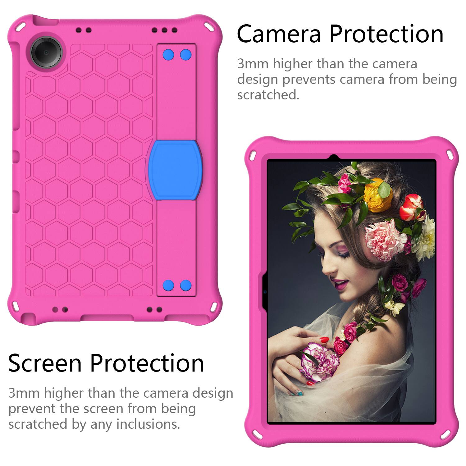 Camera Protection  
3mm higher than the camera design prevents camera from being scratched.  

Screen Protection  
3mm higher than the camera design prevent the screen from being scratched by any inclusions.
