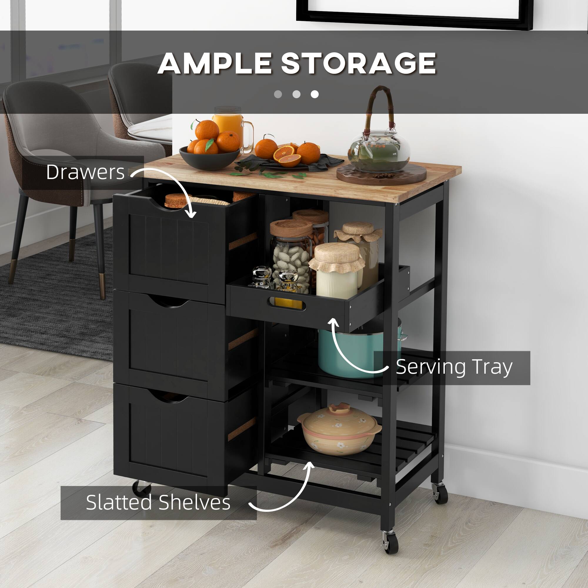 AMPLE STORAGE

Drawers

Serving Tray

Slatted Shelves