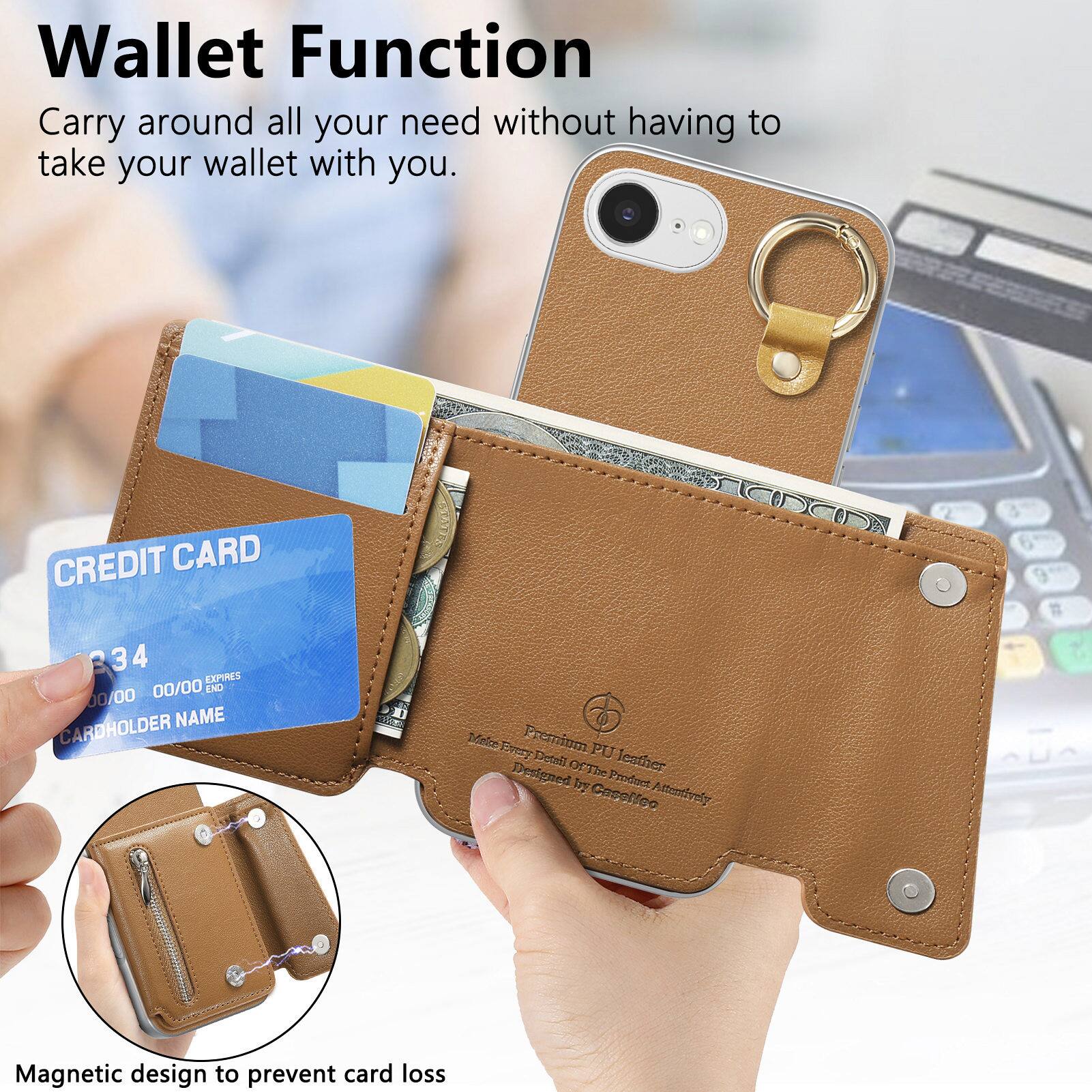 Wallet Function  
Carry around all your need without having to take your wallet with you.

CREDIT CARD  
34  
EXPIRES 00/00  
END 00/00  
CARDHOLDER NAME

100 Make Every Premium Detail PU Designed Of The leather Product A Caselleo Attemfevely

Magnetic design to prevent card loss