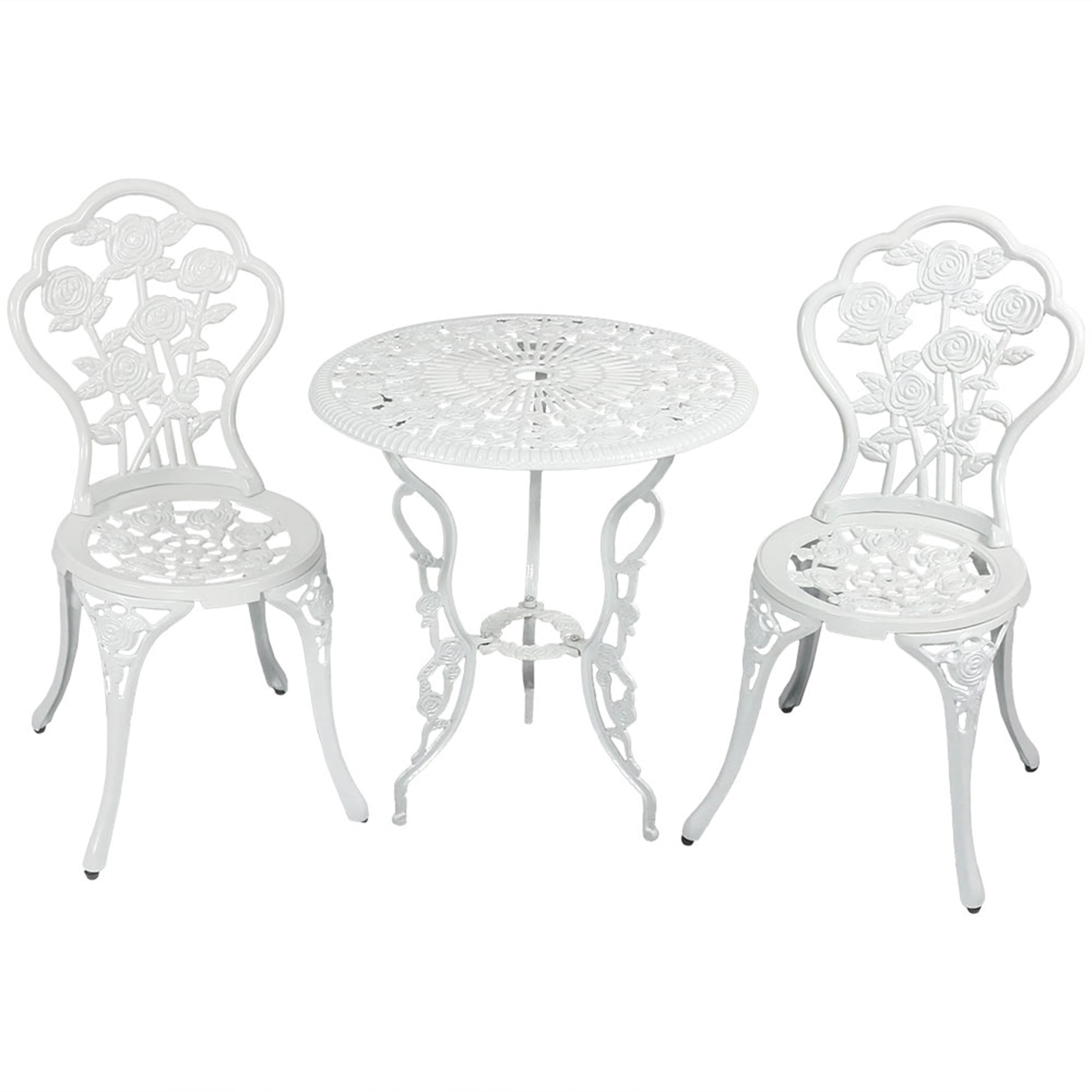 Sunnydaze - Flower Design Cast Aluminum 3-Piece Patio Bistro Set - White