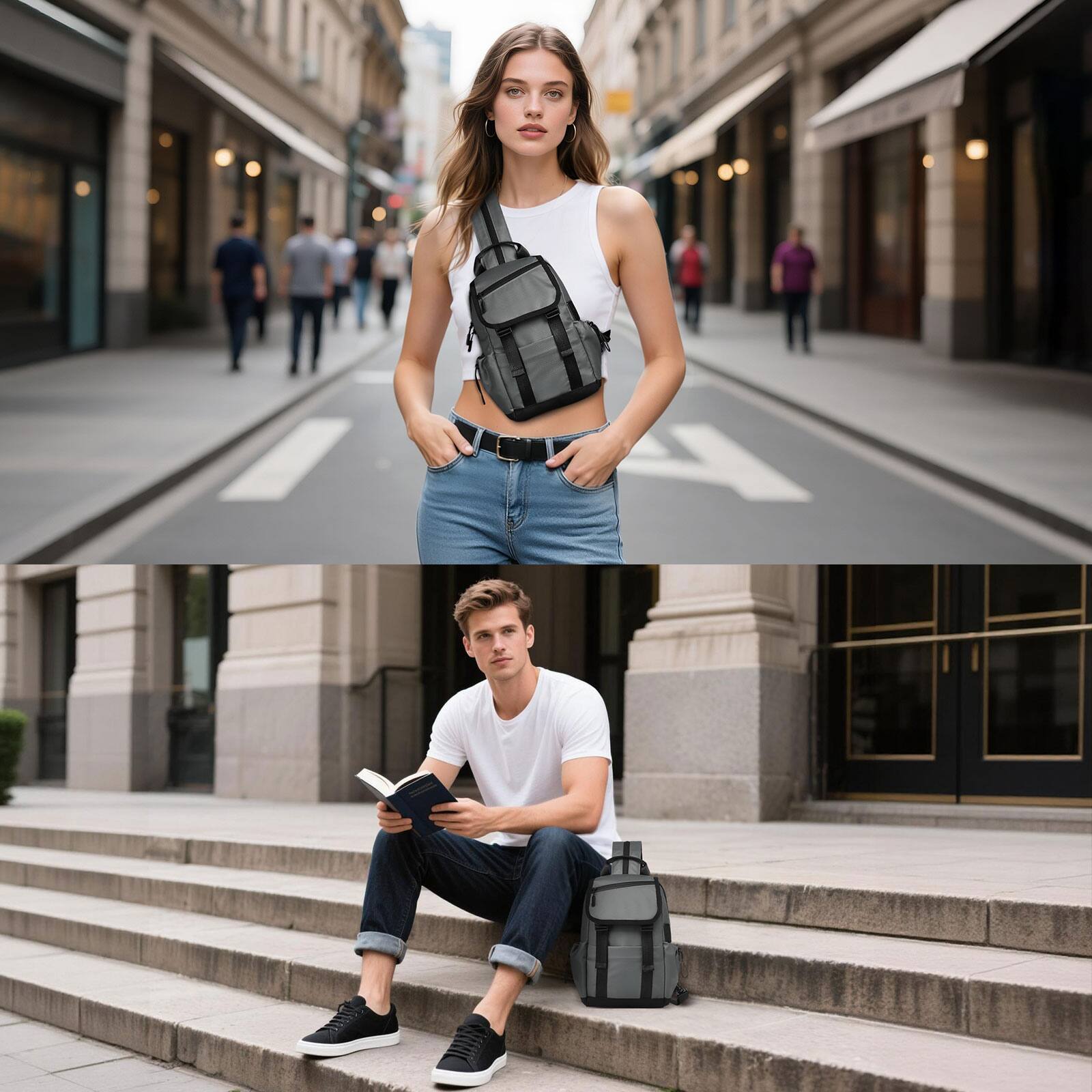 Alt View 5. Unique Bargains - Small Backpack Convertible Crossbody Bags with USB Charge Port Lightweight Casual Sling Shoulder for Outdoor Travel - Gray.