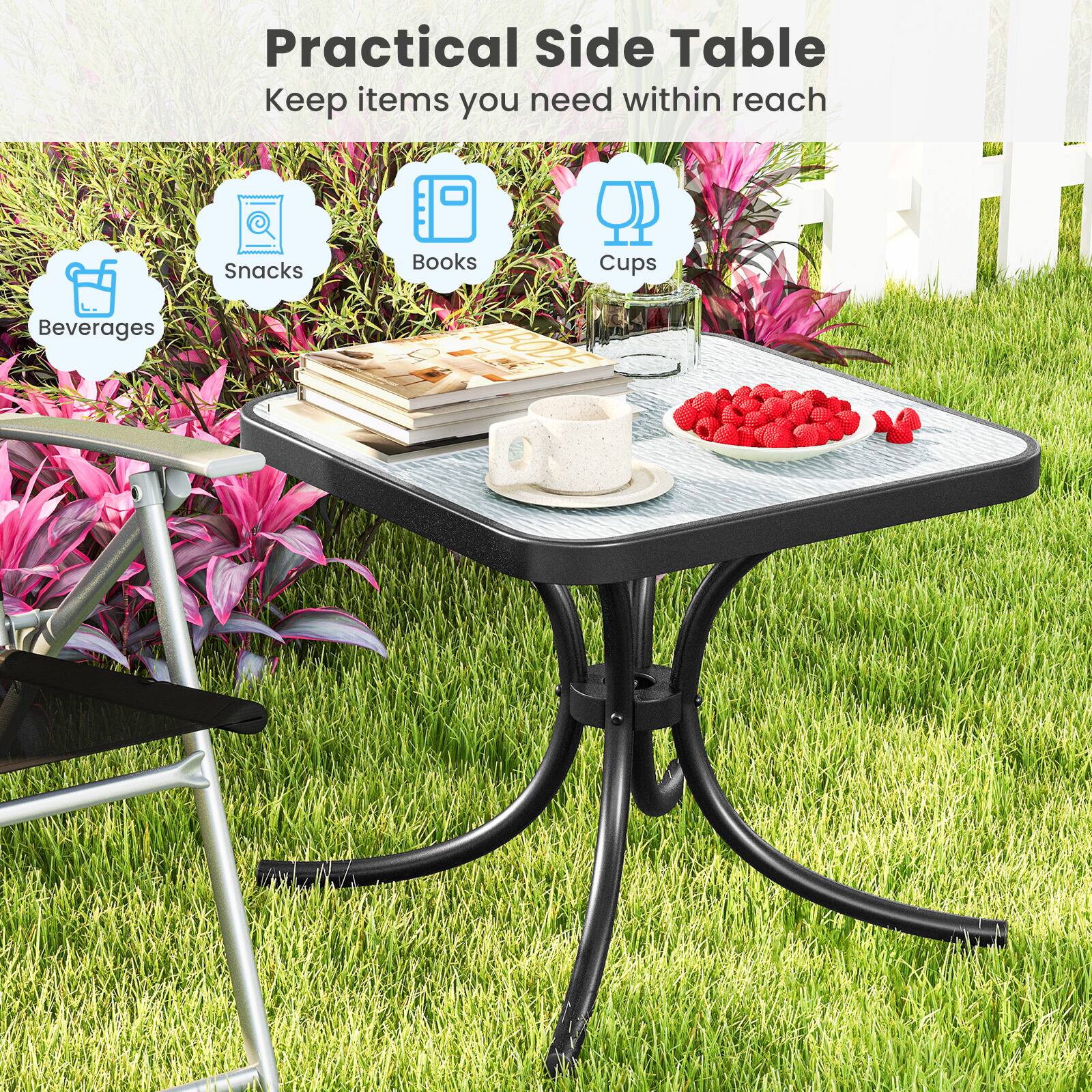 Practical Side Table  
Keep items you need within reach  

- Beverages  
- Snacks  
- Books  
- Cups