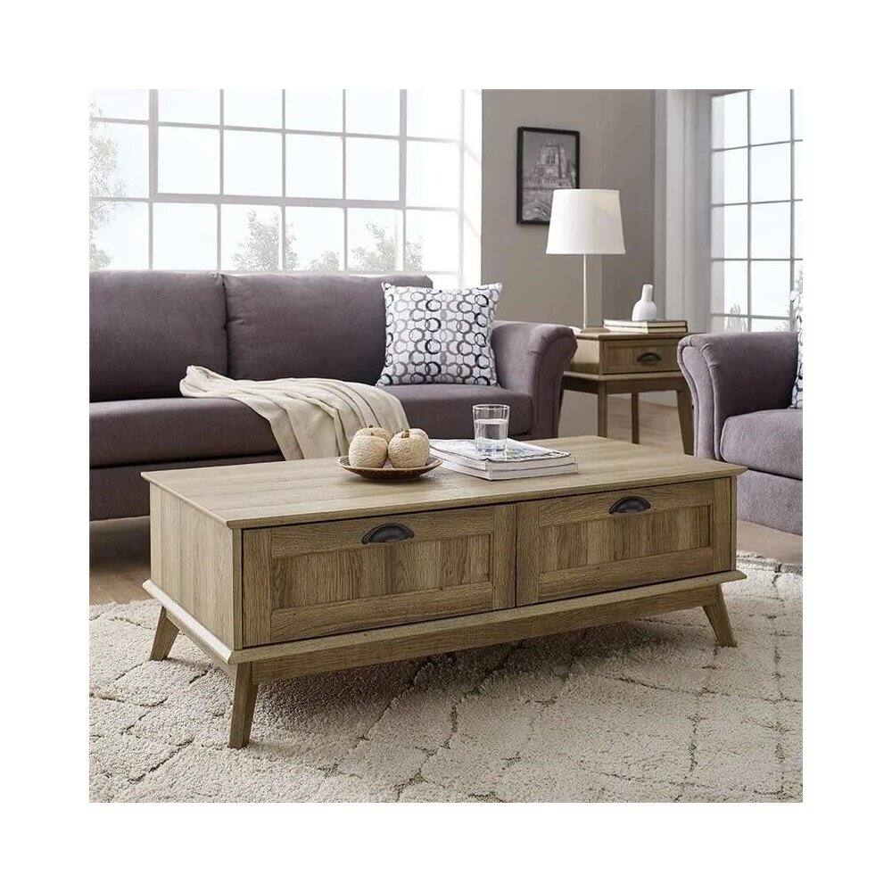 Back. Caffoz - Newport Series Tall Center Coffee Table With Two Fully Extended Drawers - Golden Oak.