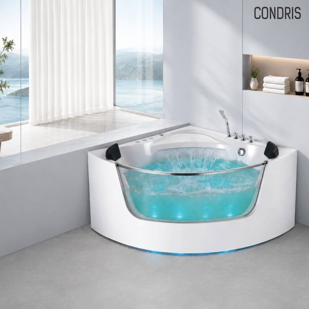 Alt View 8. Loheer - Loheer Corner Whirlpool Bathtub for Two with Waterfall Faucet, Acrylic Jetted Spa Tub with LED Air Jets - White.