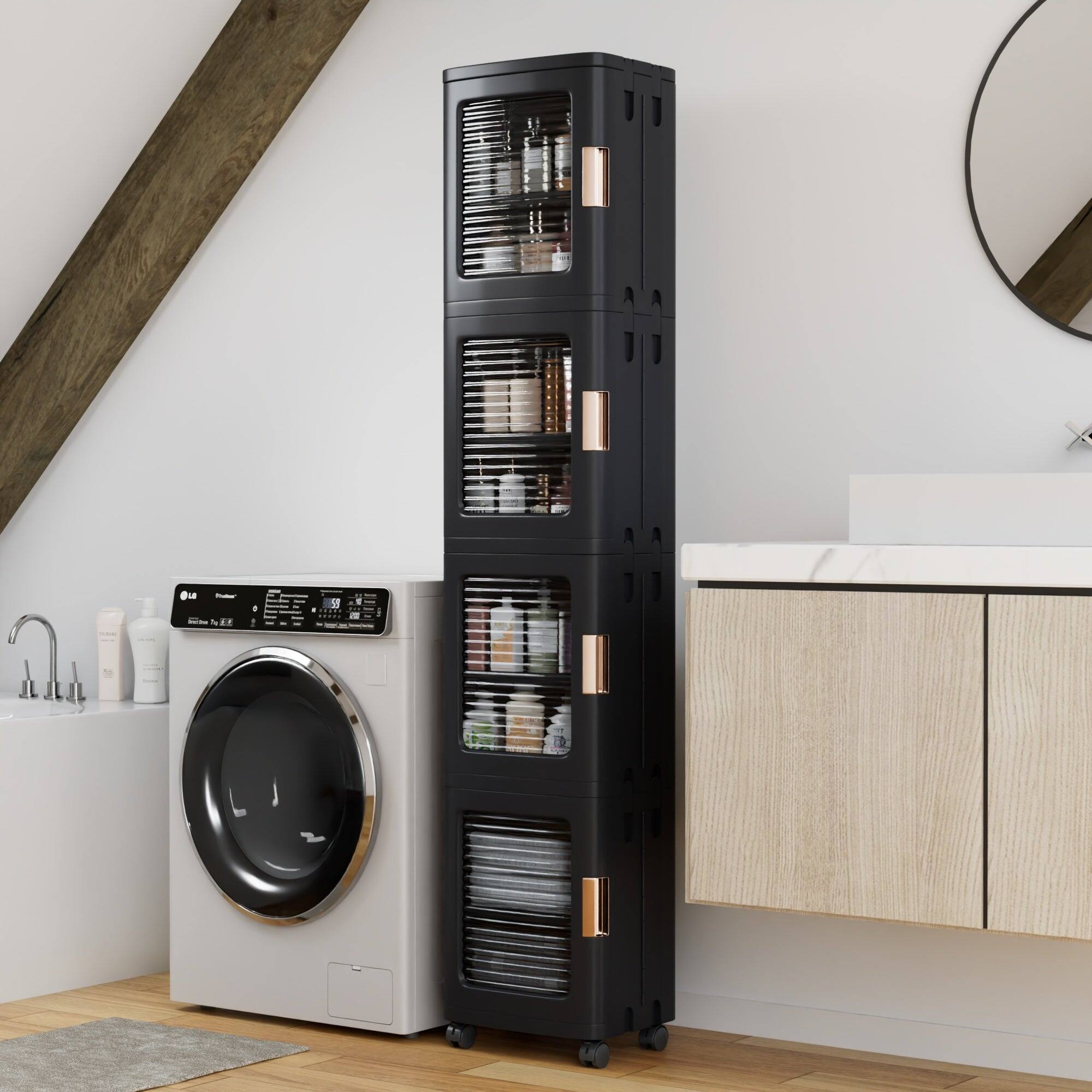 Back. Vecelo - Tall Narrow Plastic Storage Cabinet with Adjustable Shelves, Doors & Wheels, Waterproof & Dustproof Design - Narrow Black.