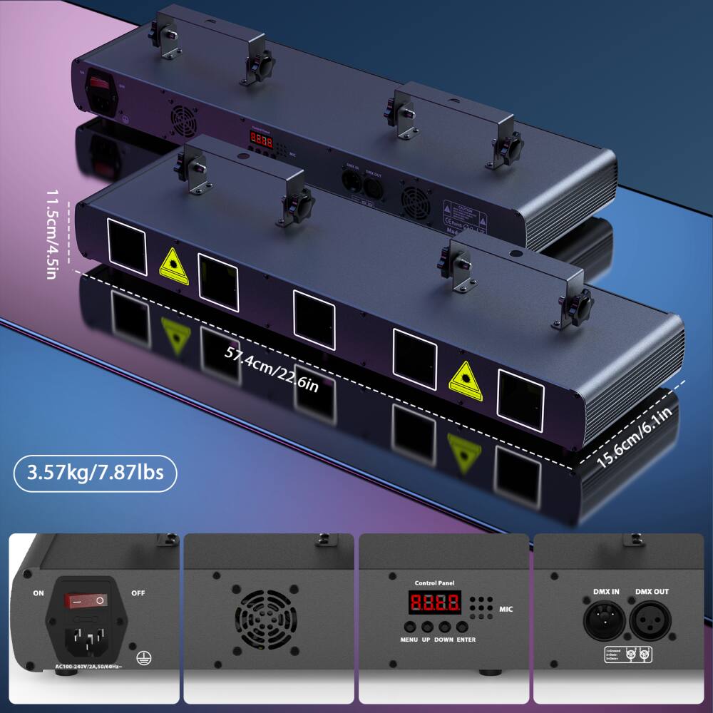 - Dimensions: 11.5cm/4.5in (height) x 57.4cm/22.6in (length) x 15.6cm/6.1in (depth)
- Weight: 3.57kg/7.87lbs
- Control Panel: ON/OFF, MENU UP DOWN ENTER, MIC
- DMX IN/DMX OUT
- AC100-240V~50/60Hz