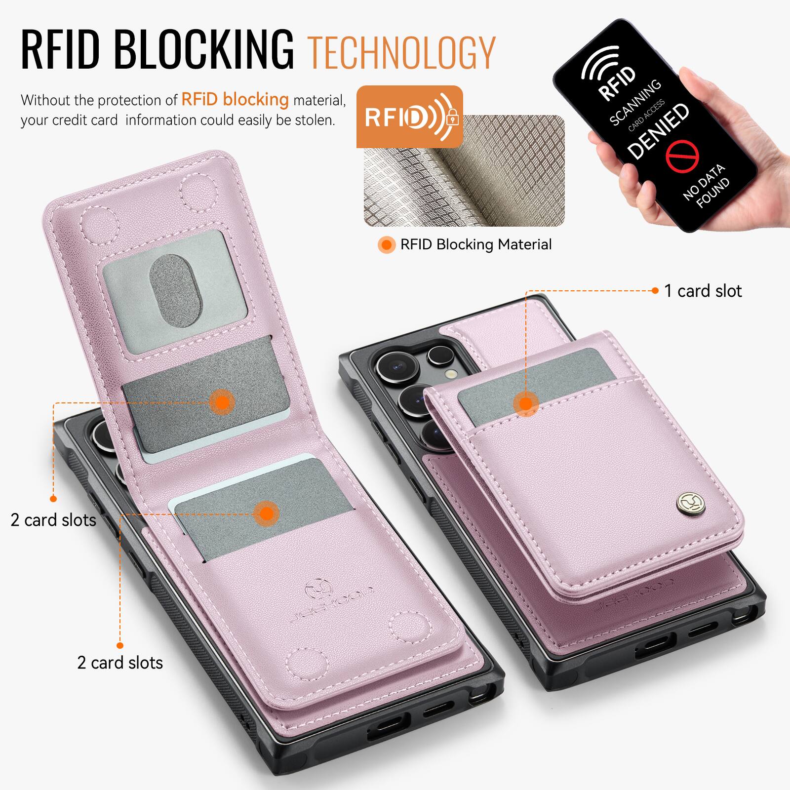 RFID BLOCKING TECHNOLOGY

Without the protection of RFID blocking material, your credit card information could easily be stolen.

RFID Blocking Material

1 card slot

2 card slots

2 card slots