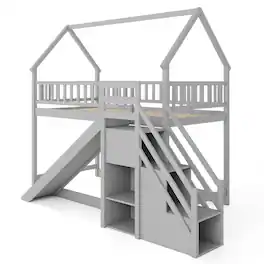 Costway - Twin Over Twin Bunk Bed with Slide & Staircase with Storage Compartments - Gray