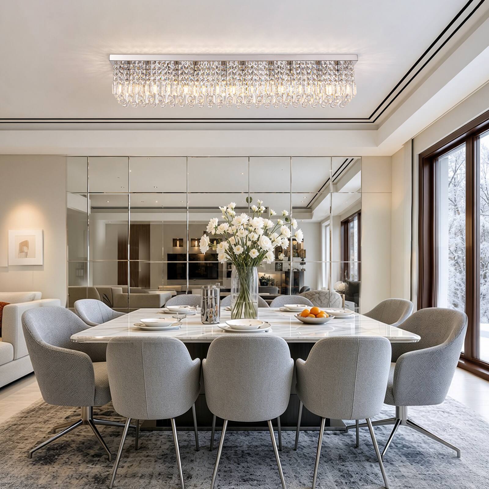 Left. Siljoy - 47.2" 10-Light Chrome K9 Crystal Linear Chandelier, Dimmable E12 Flush Mount Ceiling Light for Dining Living Room - Chrome.