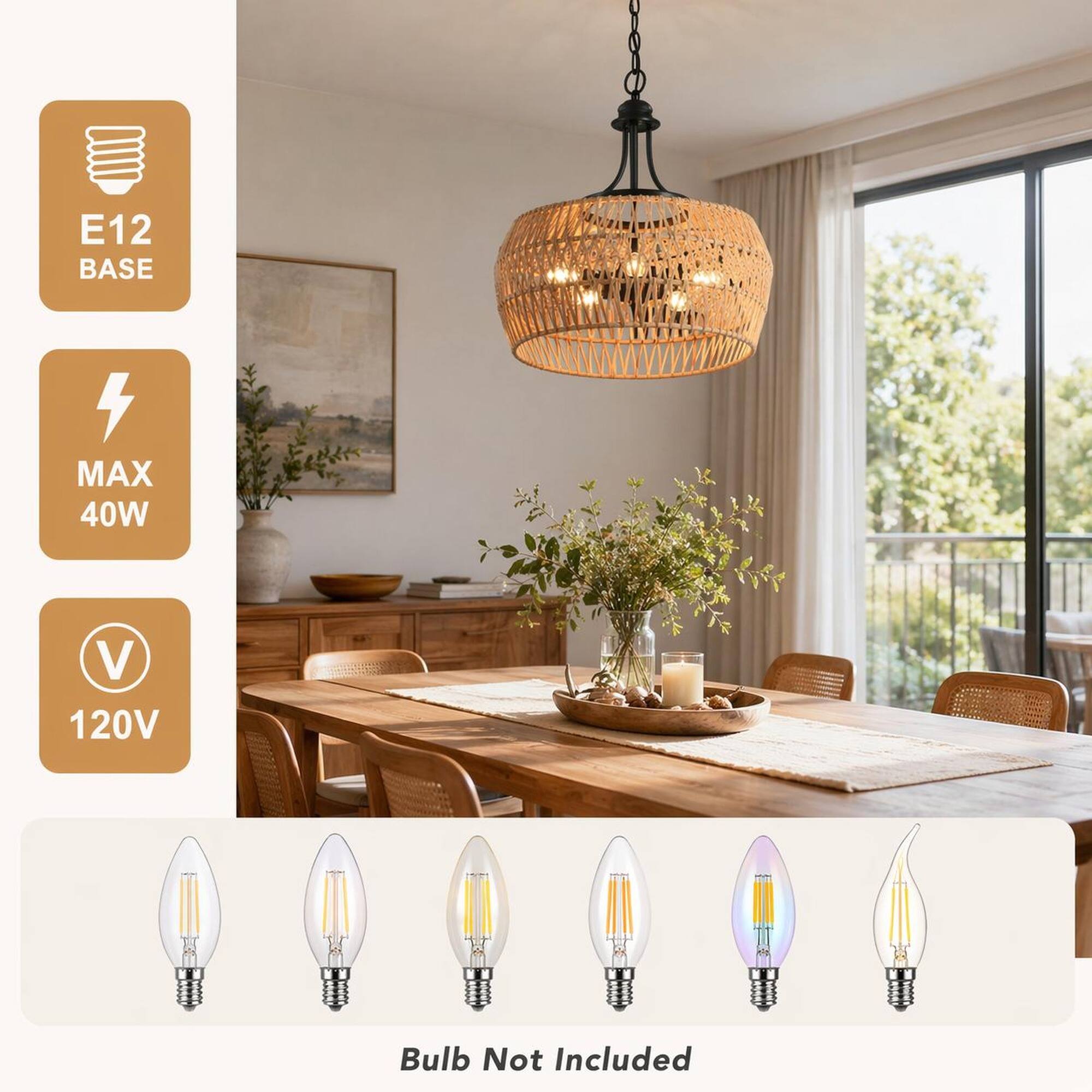 E12 BASE  
MAX 40W  
V 120V  
Bulb Not Included