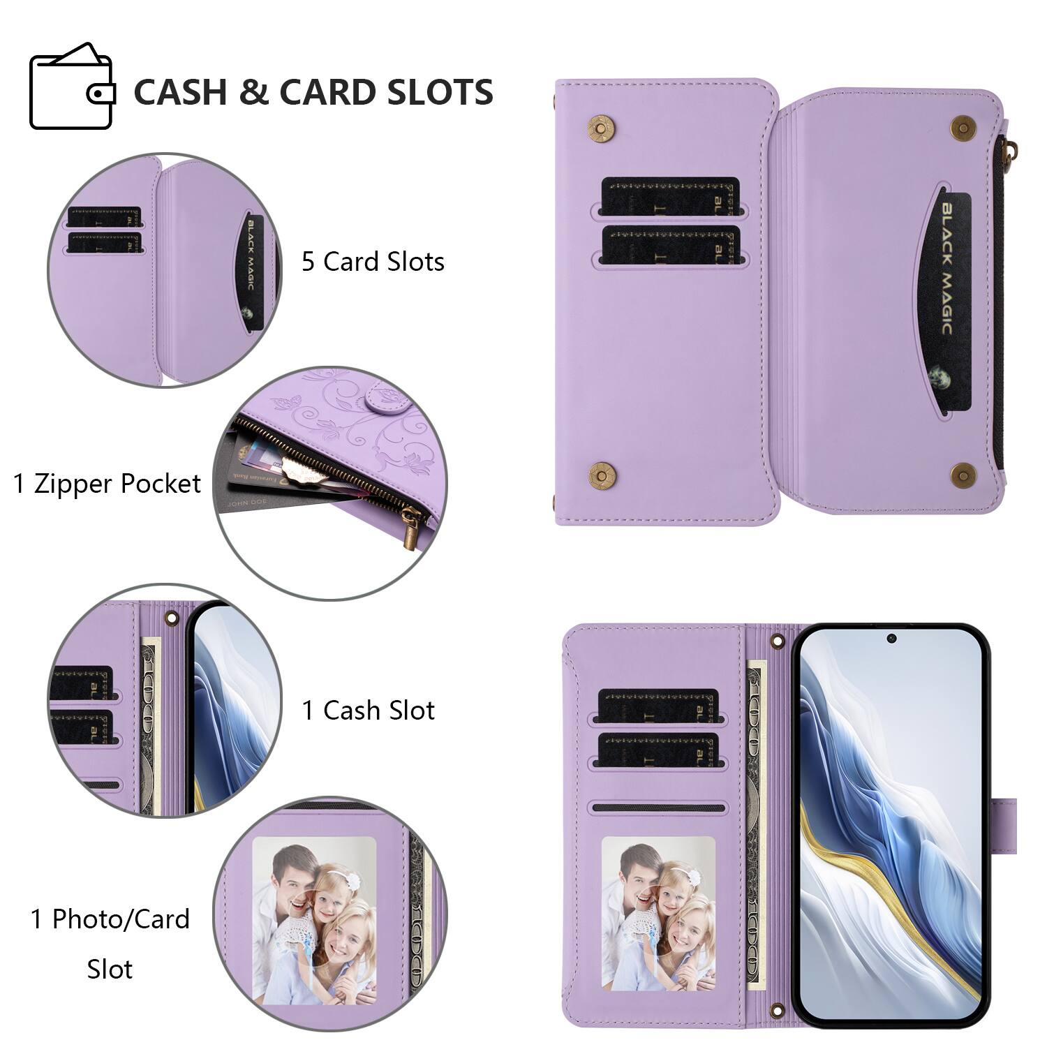 CASH & CARD SLOTS

- 5 Card Slots
- 1 Zipper Pocket
- 1 Cash Slot
- 1 Photo/Card Slot
