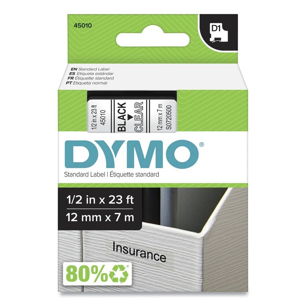 45010  
D1  

EN Standard Label  
ES Etiqueta estándar  
FR Étiquette standard  
PT Etiqueta normal  

1/2 in x 23 ft  
12 mm x 7 m  

BLACK CLEAR  
12mm x 7 m  

DYMO  
Standard Label | Étiquette standard  

Insurance  

80% recyclable