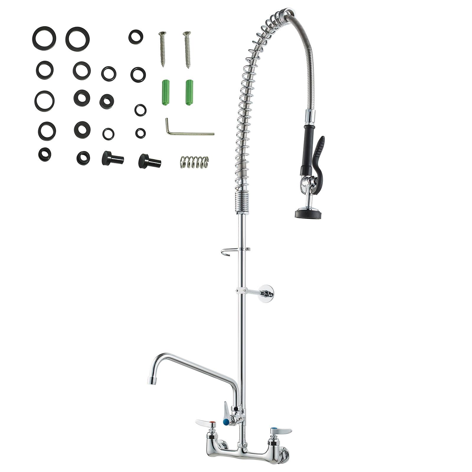 Alt View 5. VEVOR - Wall-Mounted Kitchen Faucet, 47" Tall, 8" Apart, with 12" Rotating Spout and Pre-Rinse Spray, Brass Build - Silver.