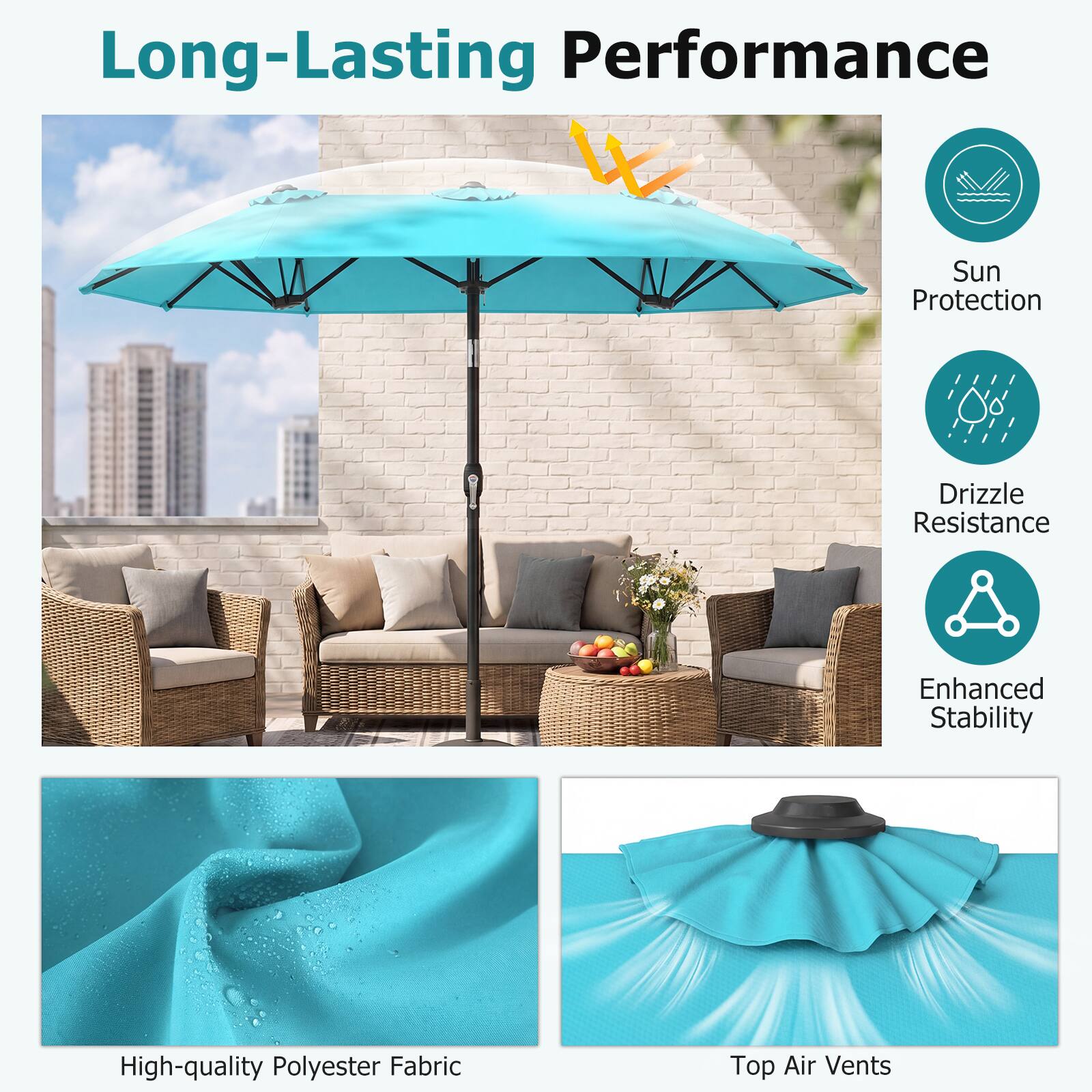 Long-Lasting Performance  
- Sun Protection  
- Drizzle Resistance  
- Enhanced Stability  
- High-quality Polyester Fabric  
- Top Air Vents