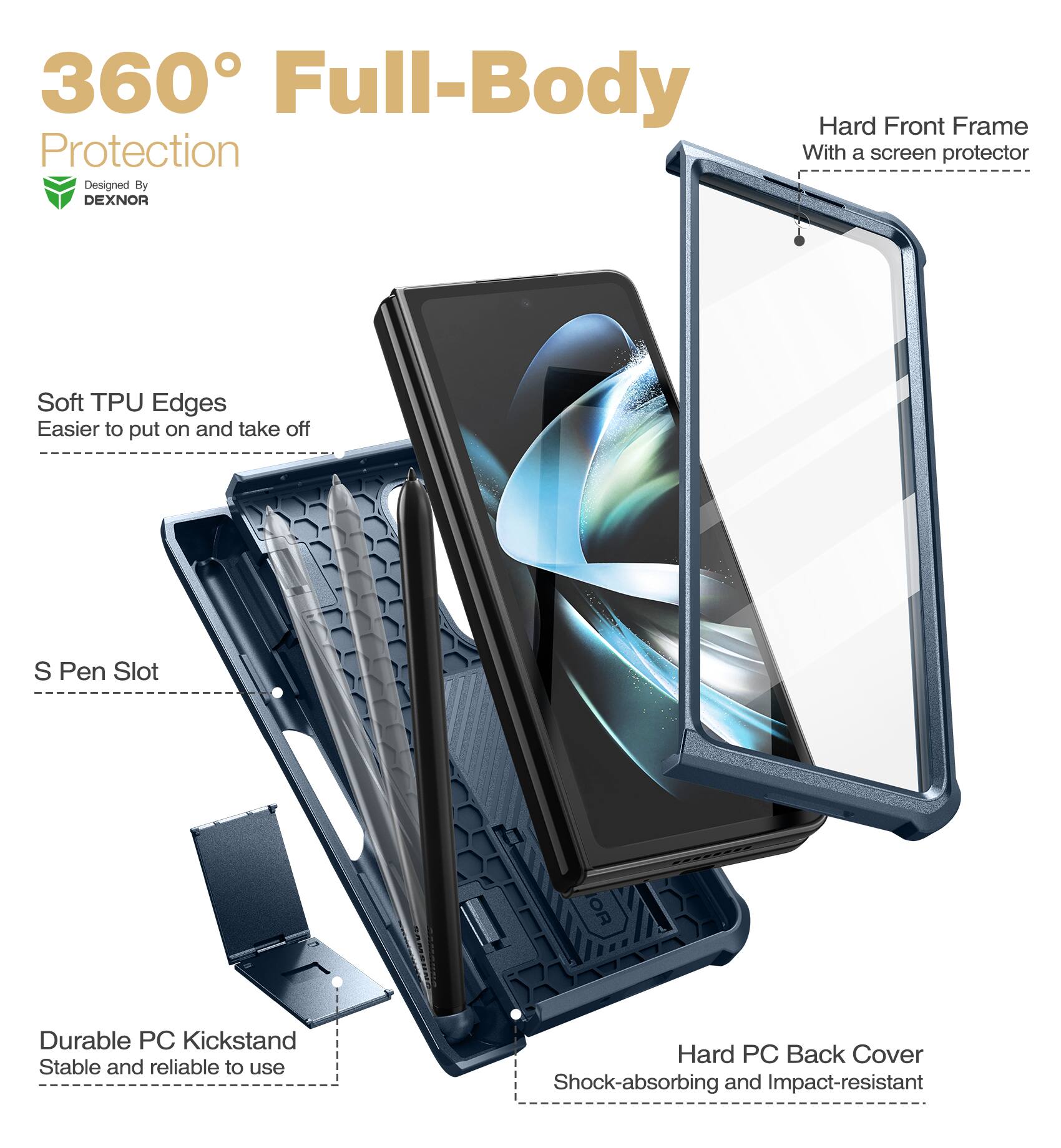 360° Full-Body Protection  
Designed By DEXNOR  

- Hard Front Frame  
  With a screen protector  

- Soft TPU Edges  
  Easier to put on and take off  

- S Pen Slot  

- Durable PC Kickstand  
  Stable and reliable to use  

- Hard PC Back Cover  
  Shock-absorbing and Impact-resistant
