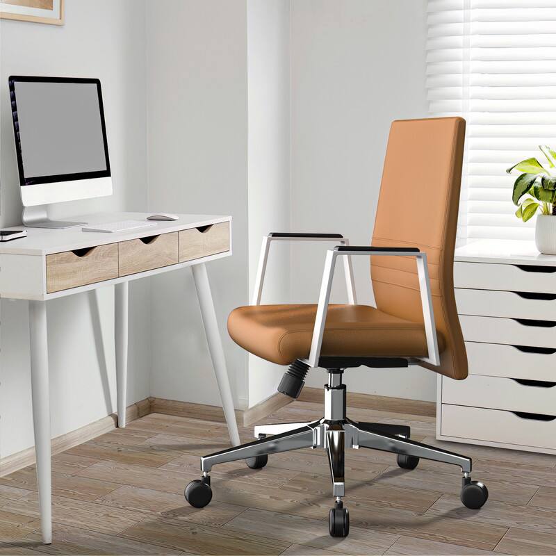 Angle. LeisureMod - Aleen Adjustable Office Chair with Leather Upholstery, Iron Frame, Armrests, and Swivel Base - Acorn Brown.