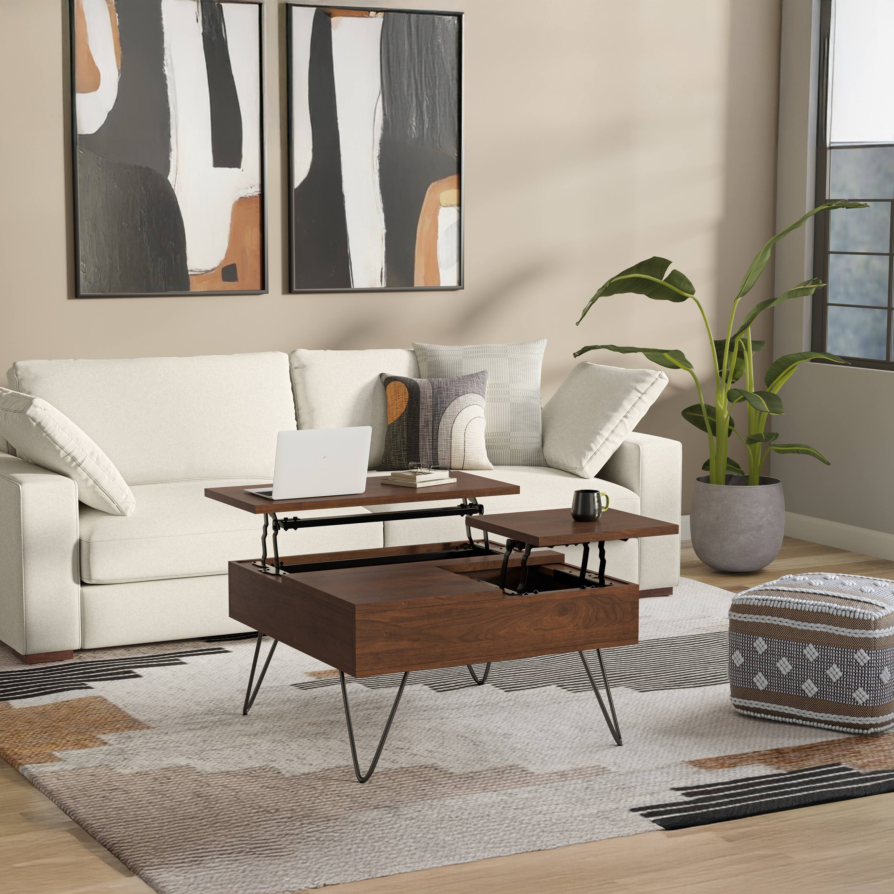 Left. Simpli Home - Hunter 32 inch Wide Solid Wood Lift Top Square Coffee Table in Walnut - Walnut.