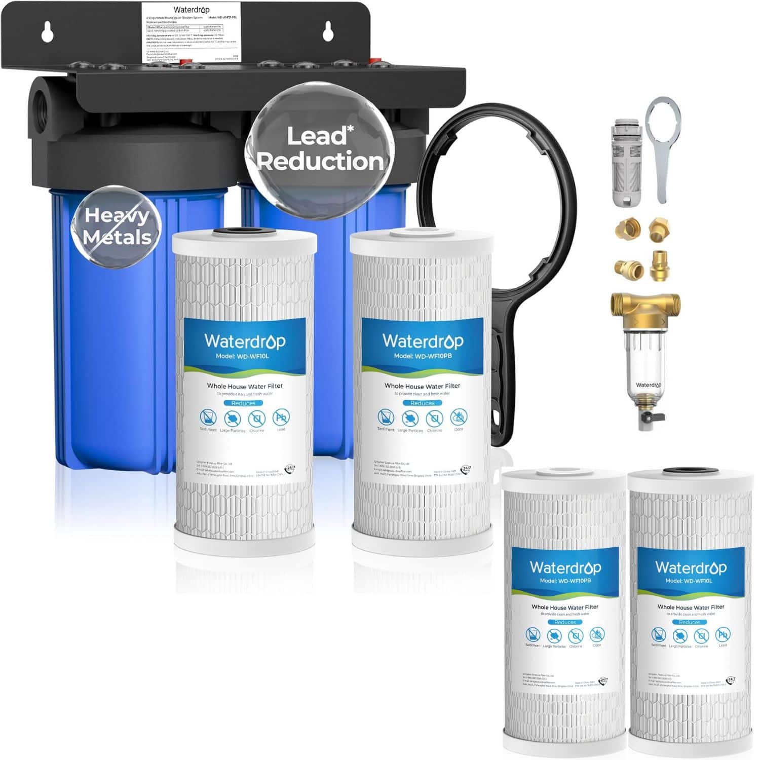 Waterdrop - WD-WHF21-PBL 2 Stage Whole House Water Filter System, with Carbon and Sediment Filter Extra WD-RPFK Filters - Blue