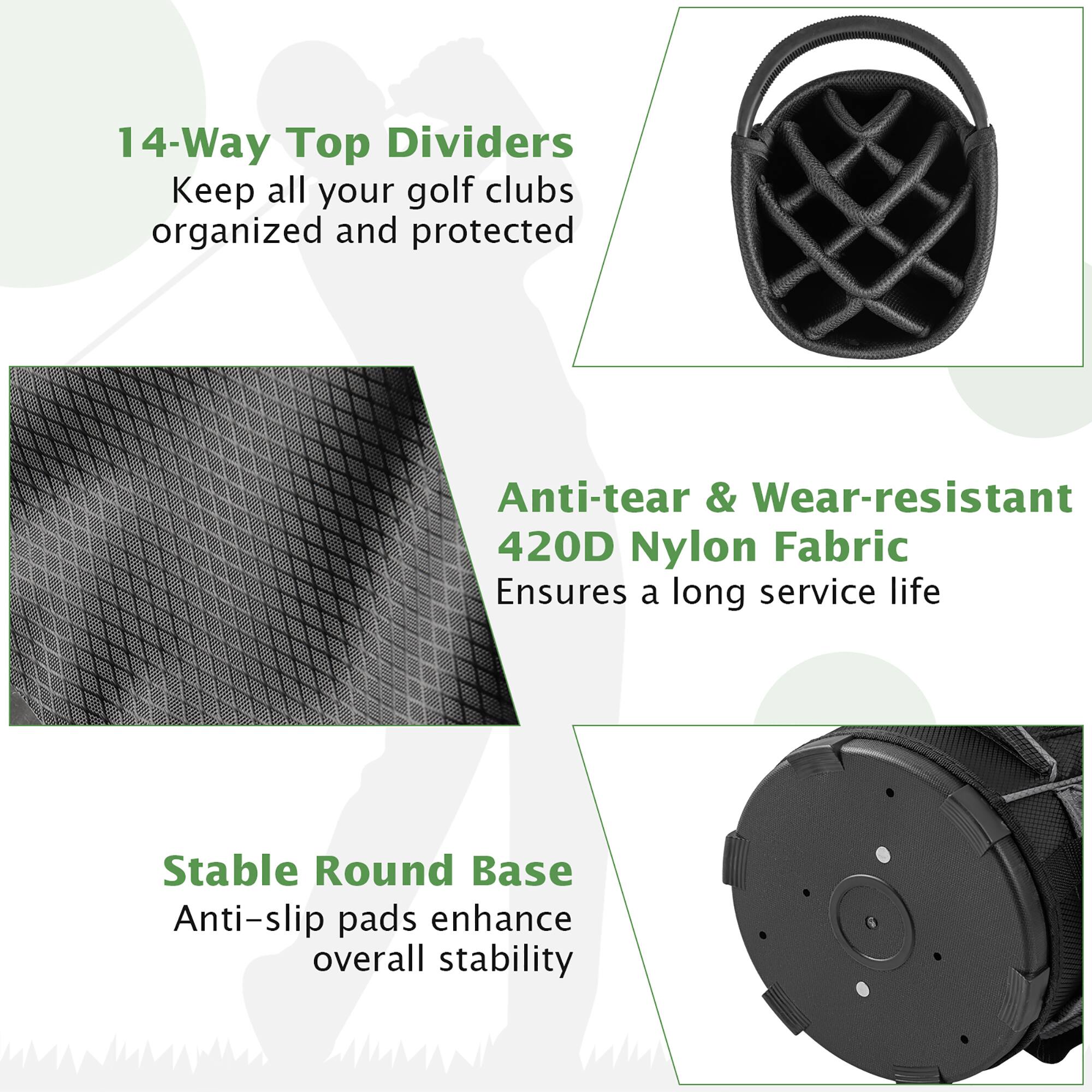 14-Way Top Dividers  
Keep all your golf clubs organized and protected  

Anti-tear & Wear-resistant 420D Nylon Fabric  
Ensures a long service life  

Stable Round Base  
Anti-slip pads enhance overall stability