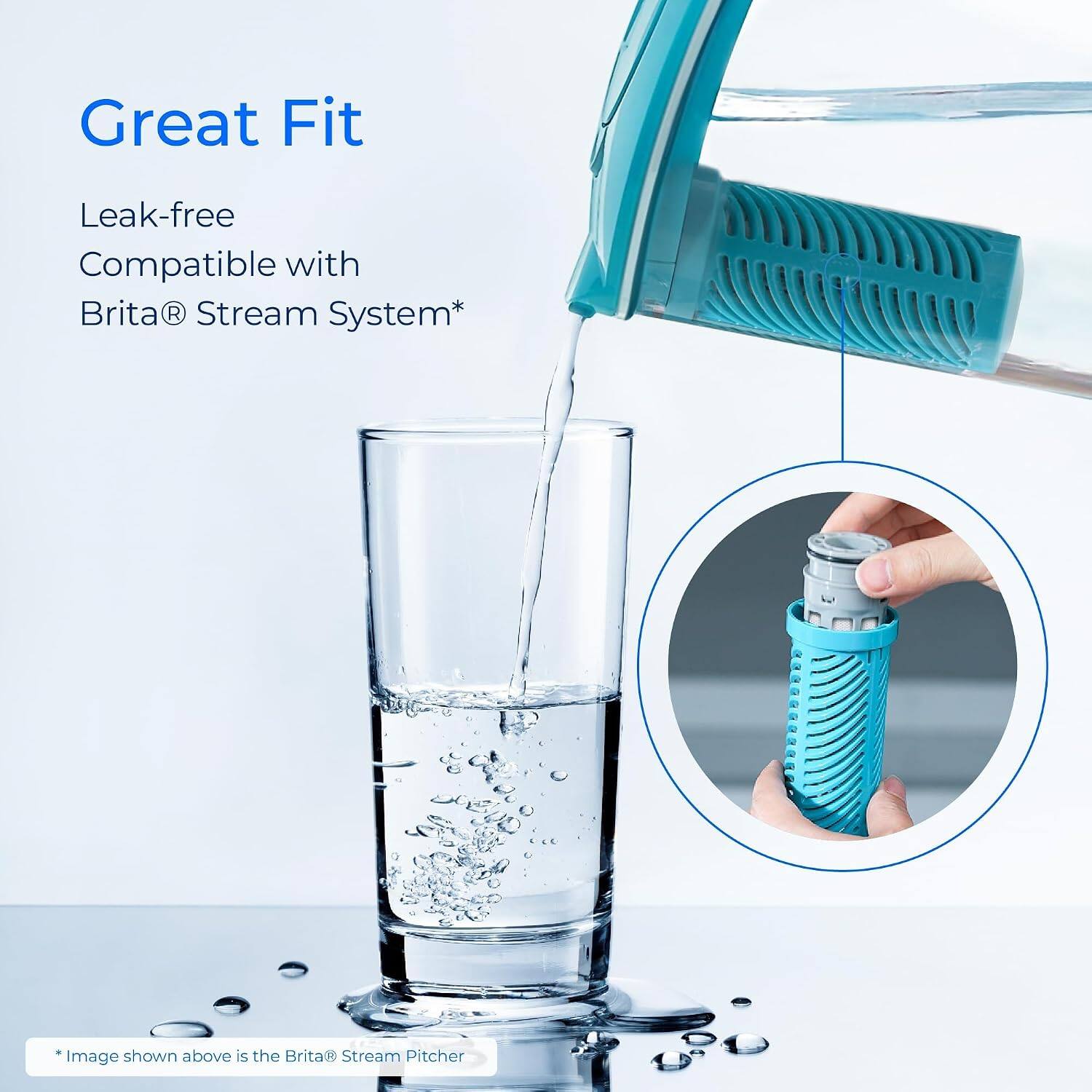 Great Fit  
Leak-free  
Compatible with Brita® Stream System*  

*Image shown above is the Brita® Stream Pitcher