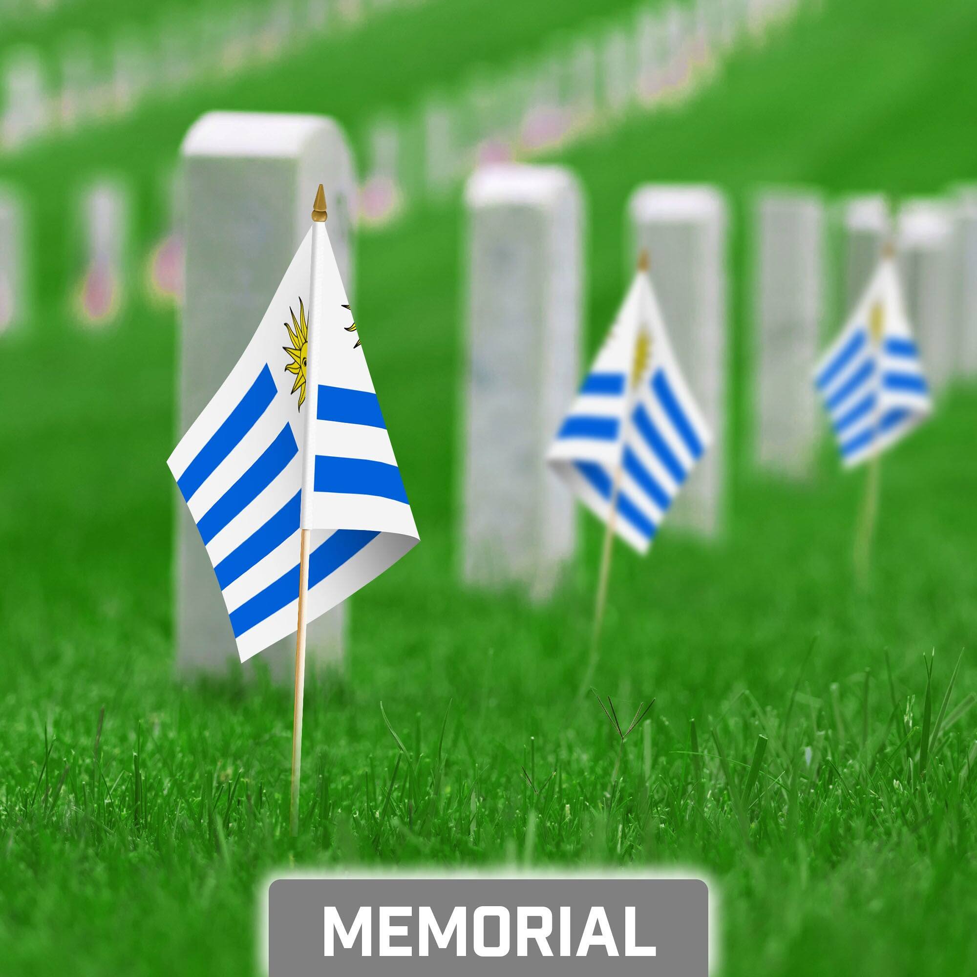 Back. G128 - 50-Pack Handheld Uruguay Stick Flags 8x12 in, 150D Polyester, Wooden Stick with Gold Spear Tip - Assorted Colors.