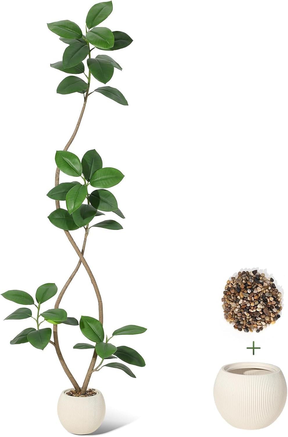 Homhougo - 7 ft Artificial Plant Rubber Tree with White Sphere Resin Planter & Stone Faux Fiddle Leaf Fig Tree, Indoor Artificial - White Planter Multicolored Pebbles