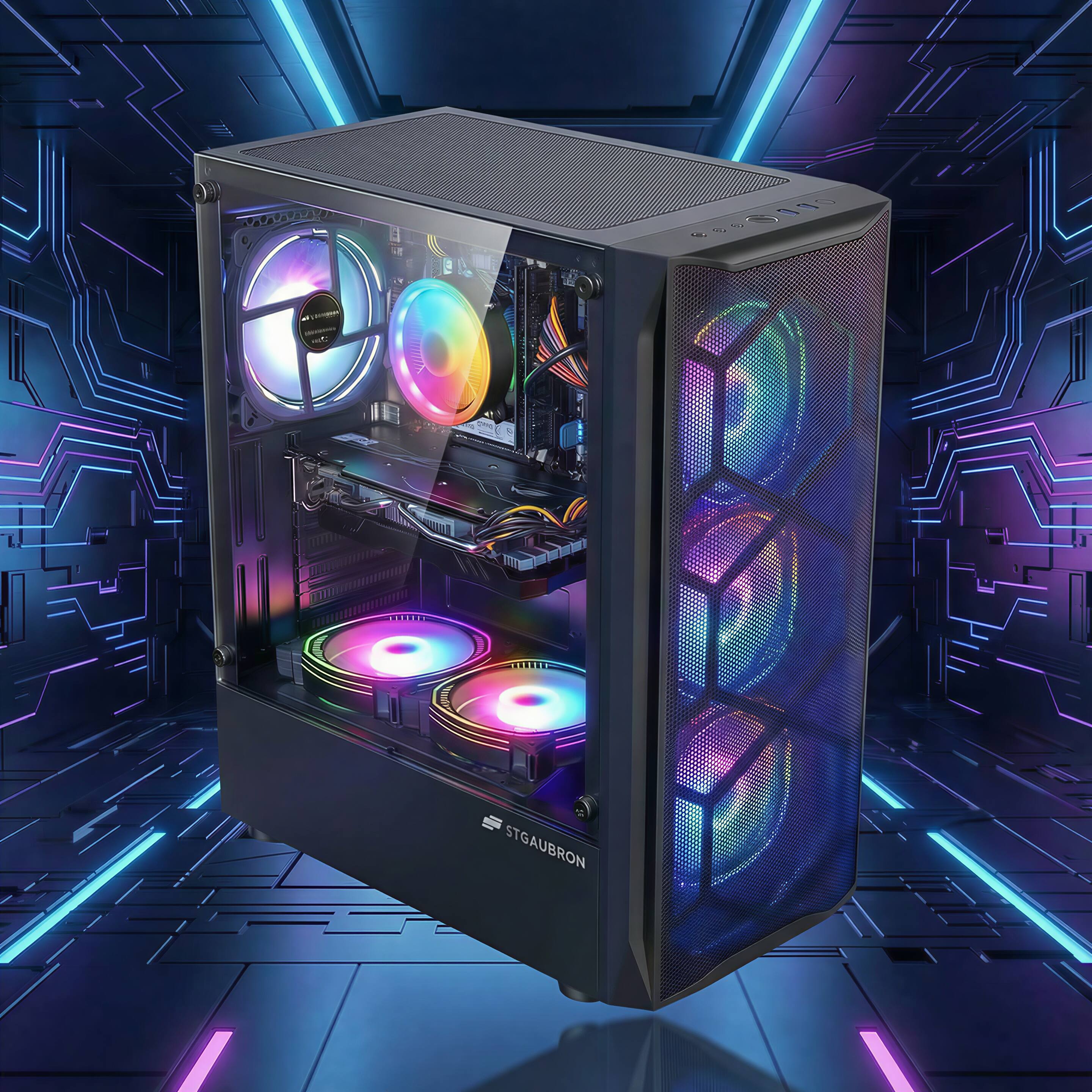 Left. STGAubron - STGAubron Gaming PC Desktop, Intel Core i7 up to 3.9Ghz, RX 580 8G, 16G RAM, 512G SSD, WiFi 6, BT 5.2, Win 11 Home - Black.