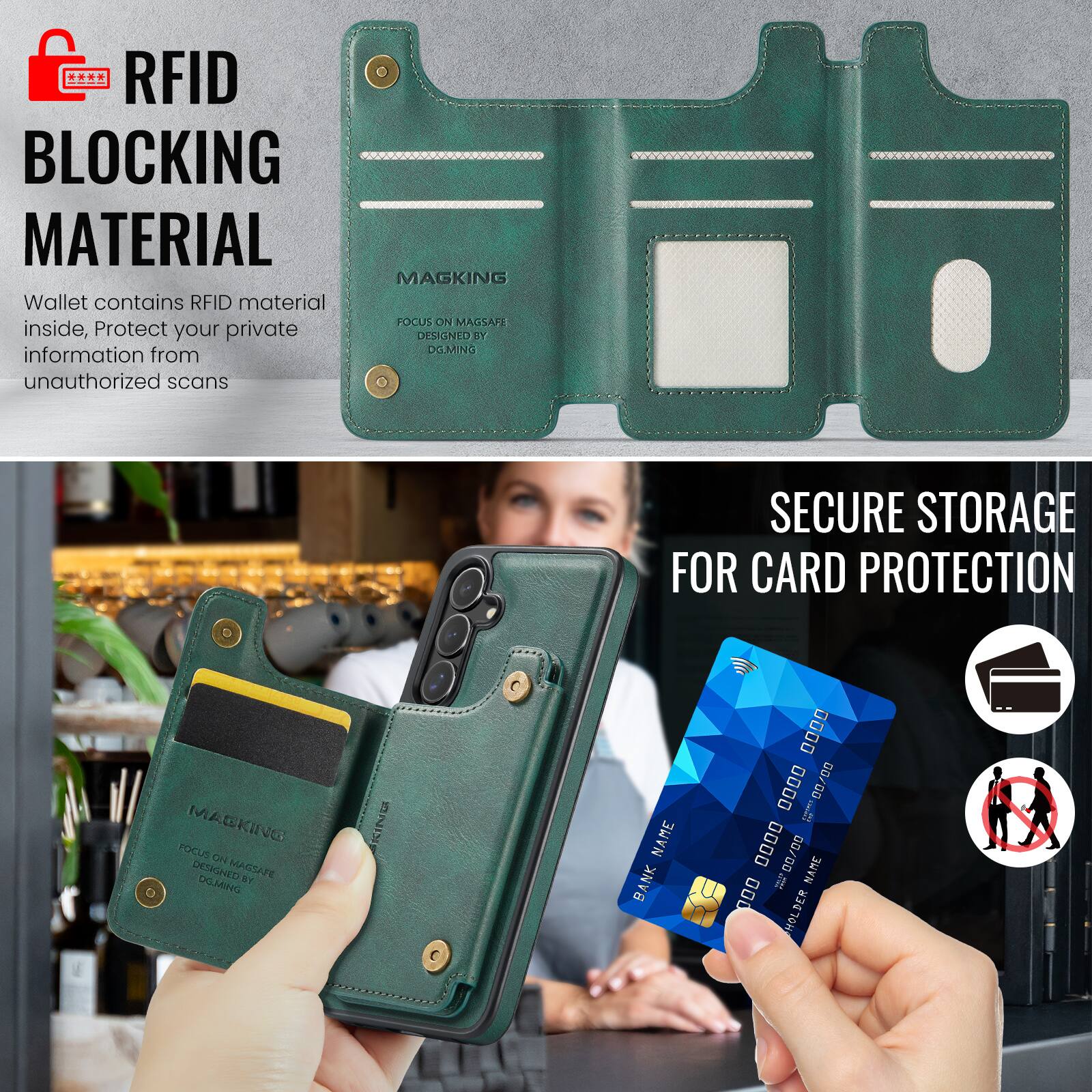 RFID BLOCKING MATERIAL

Wallet contains RFID material inside, Protect your private information from unauthorized scans

MAGKING POCUS ON MAGSAPE DESIGNED 1 DO.MING

SECURE STORAGE FOR CARD PROTECTION

BANK NAME 0000 0000 0000 0000
HOLDER