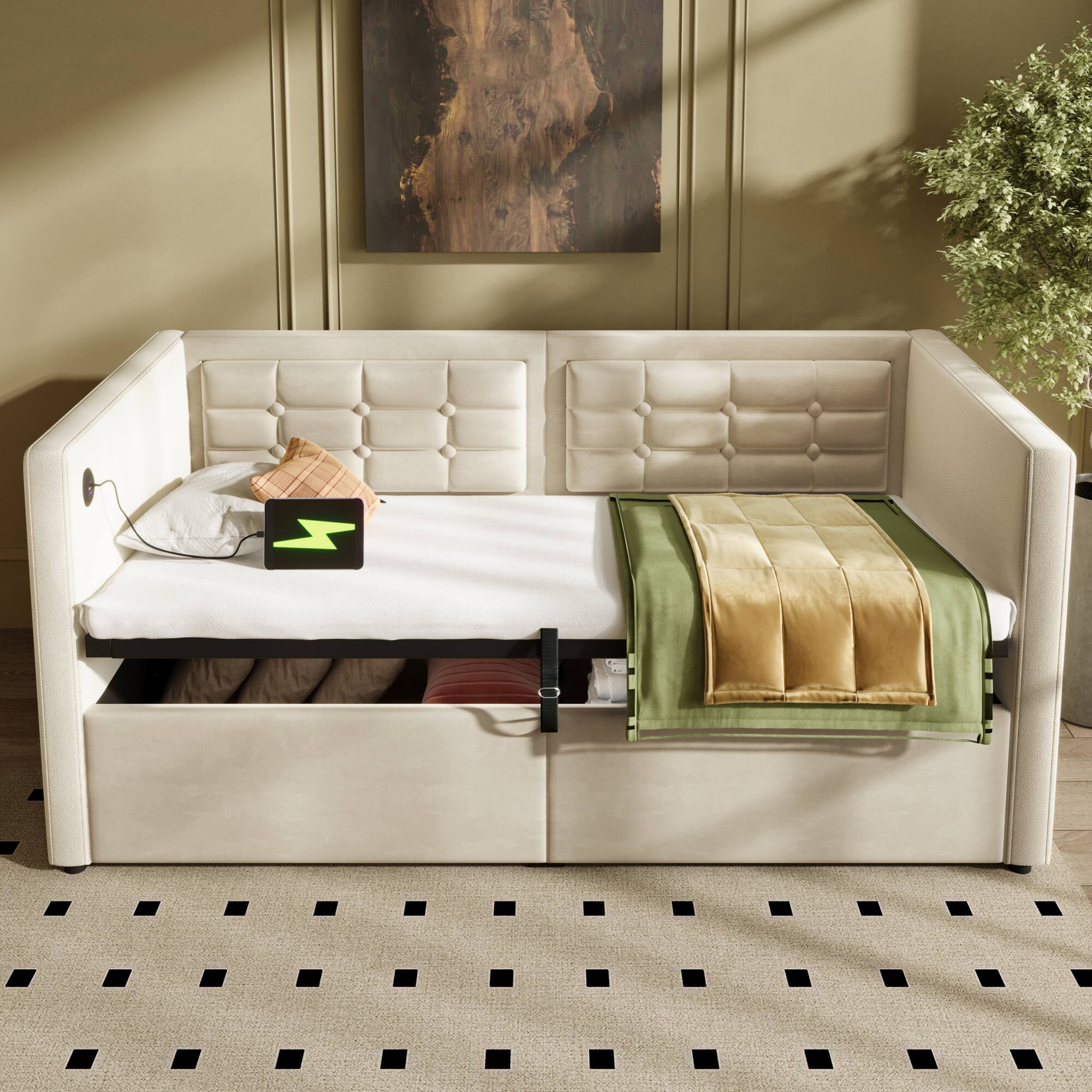 Left. GOODSILO - Upholstered Twin Size Daybed with Hydraulic Storage and USB Charging, Tufted Sofa Back Design - Beige.