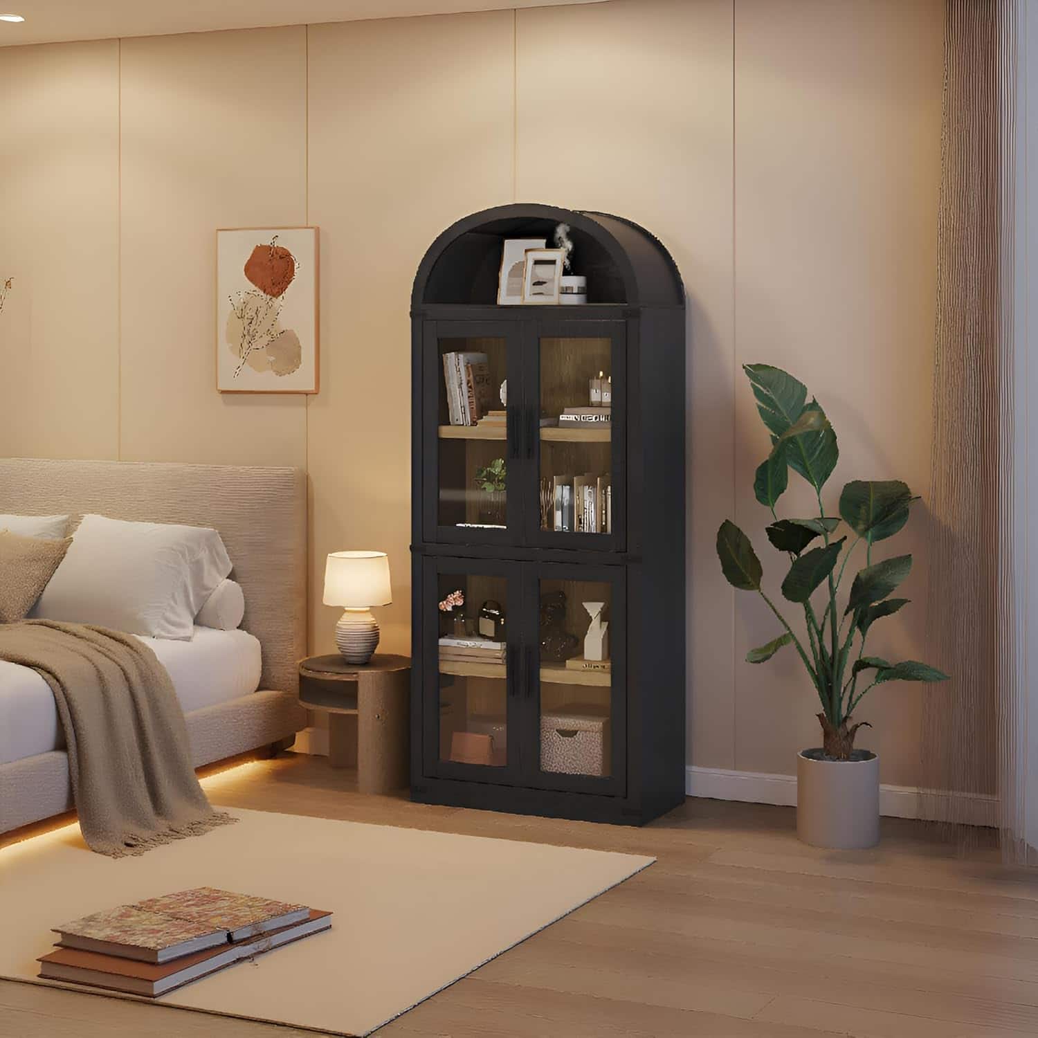 Homhougo - Arched 6-Shelf Bookcase with Glass Doors, Modern Wooden Display Cabinet for Living Room - Black