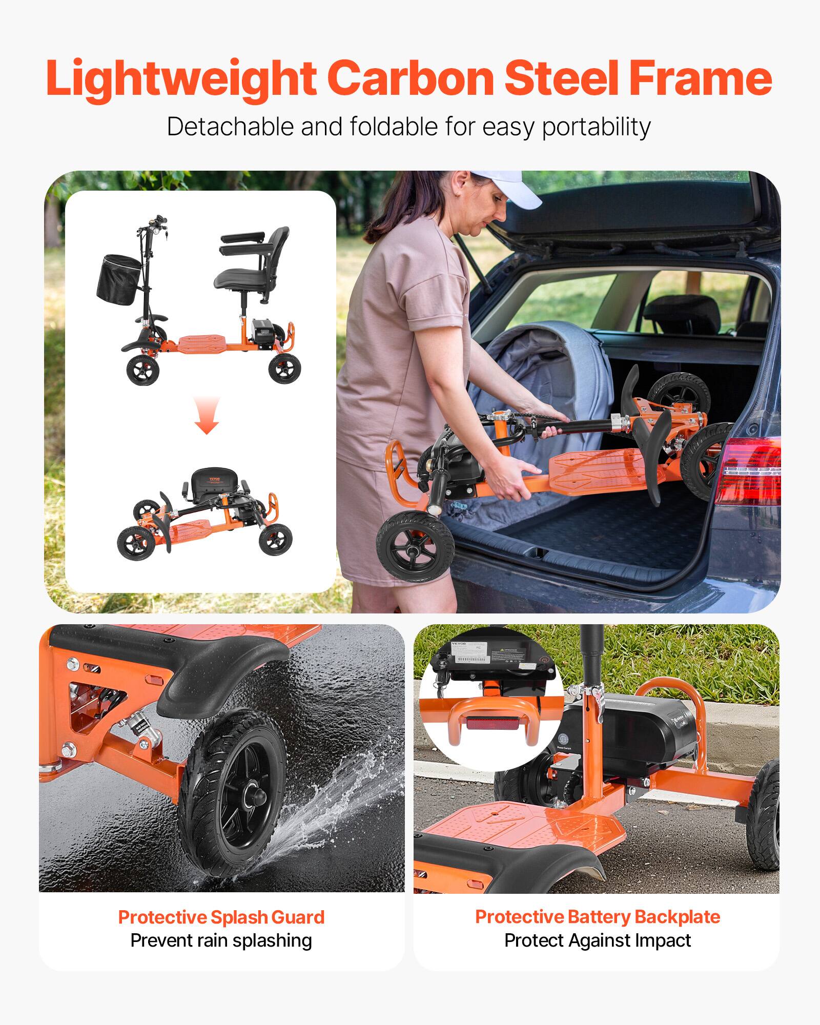 Lightweight Carbon Steel Frame  
Detachable and foldable for easy portability  

Protective Splash Guard  
Prevent rain splashing  

Protective Battery Backplate  
Protect Against Impact