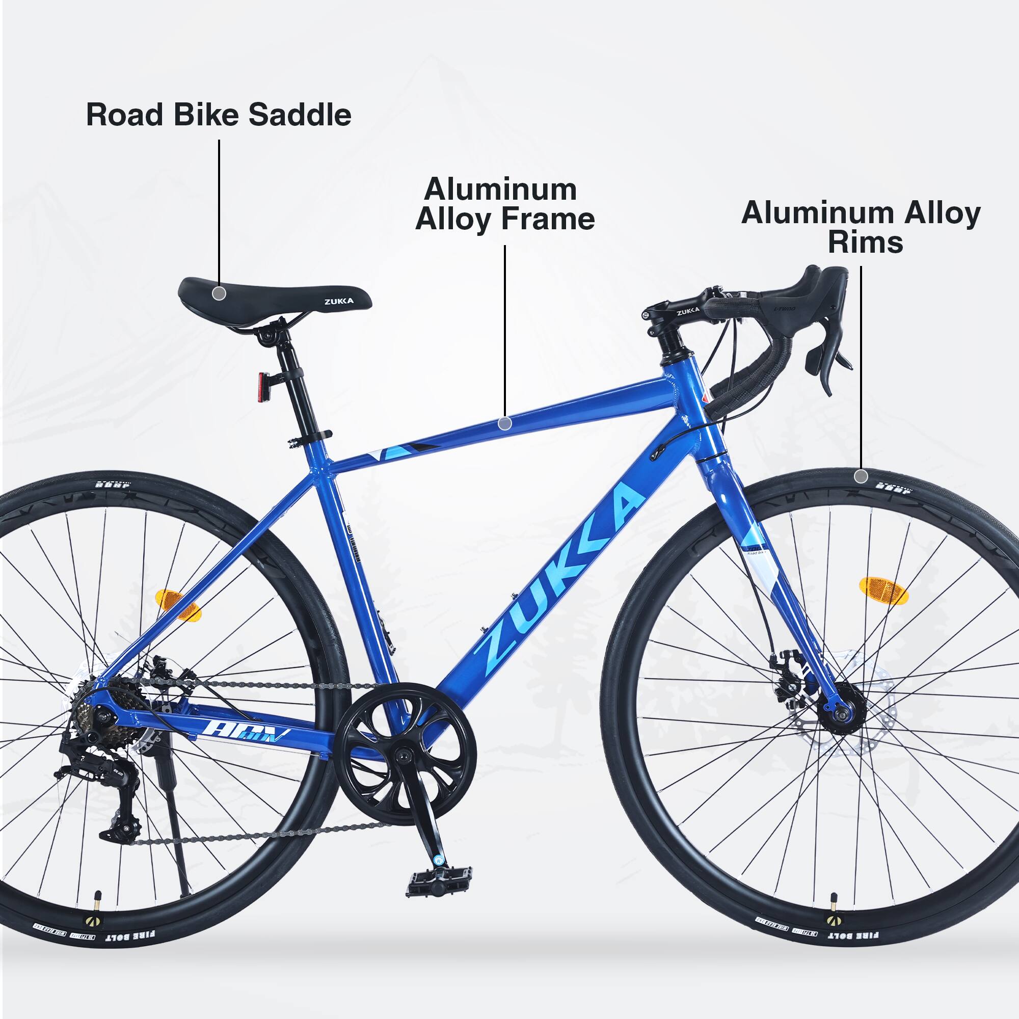 Road Bike Saddle  
Aluminum Alloy Frame  
Aluminum Alloy Rims