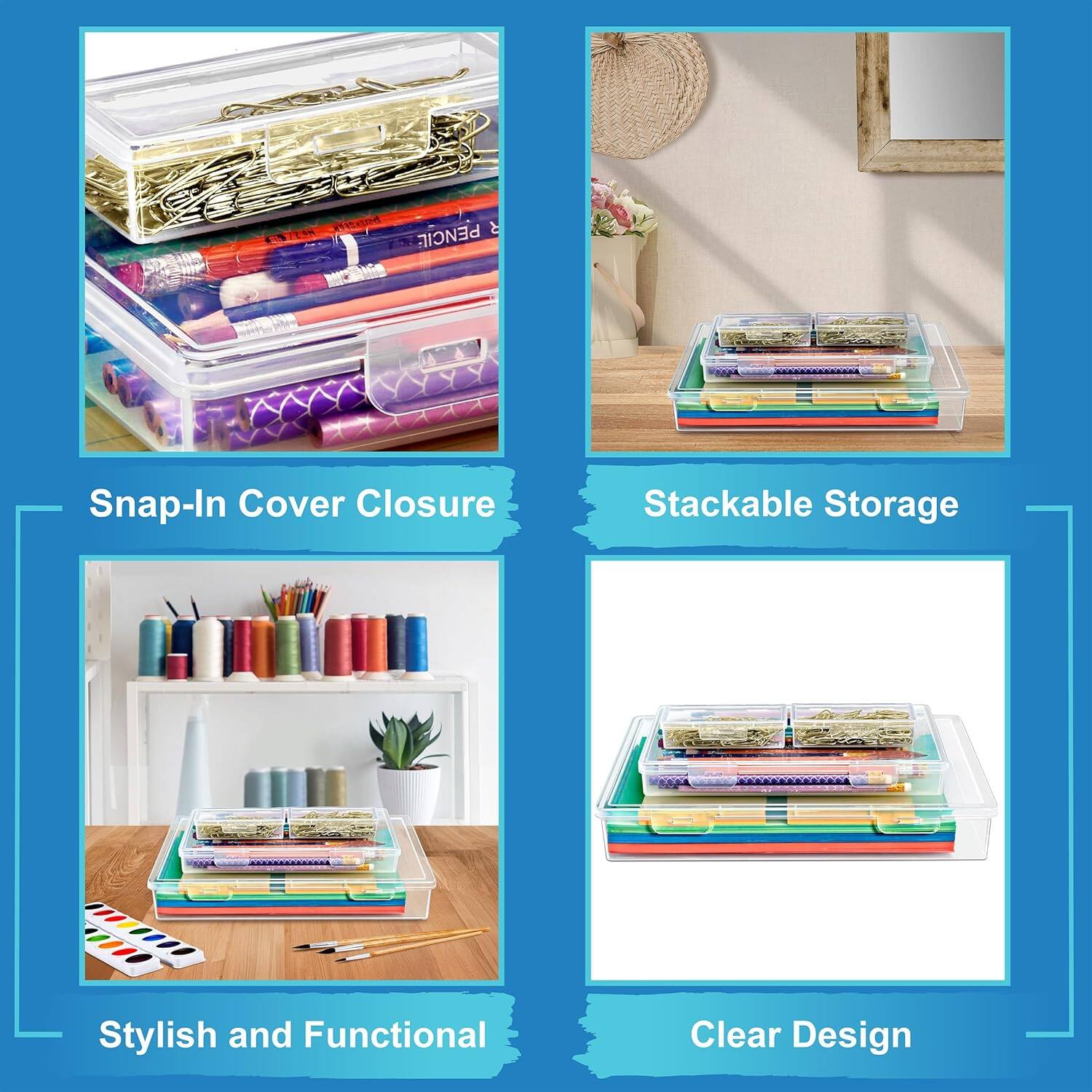 - Snap-In Cover Closure
- Stackable Storage
- Stylish and Functional
- Clear Design