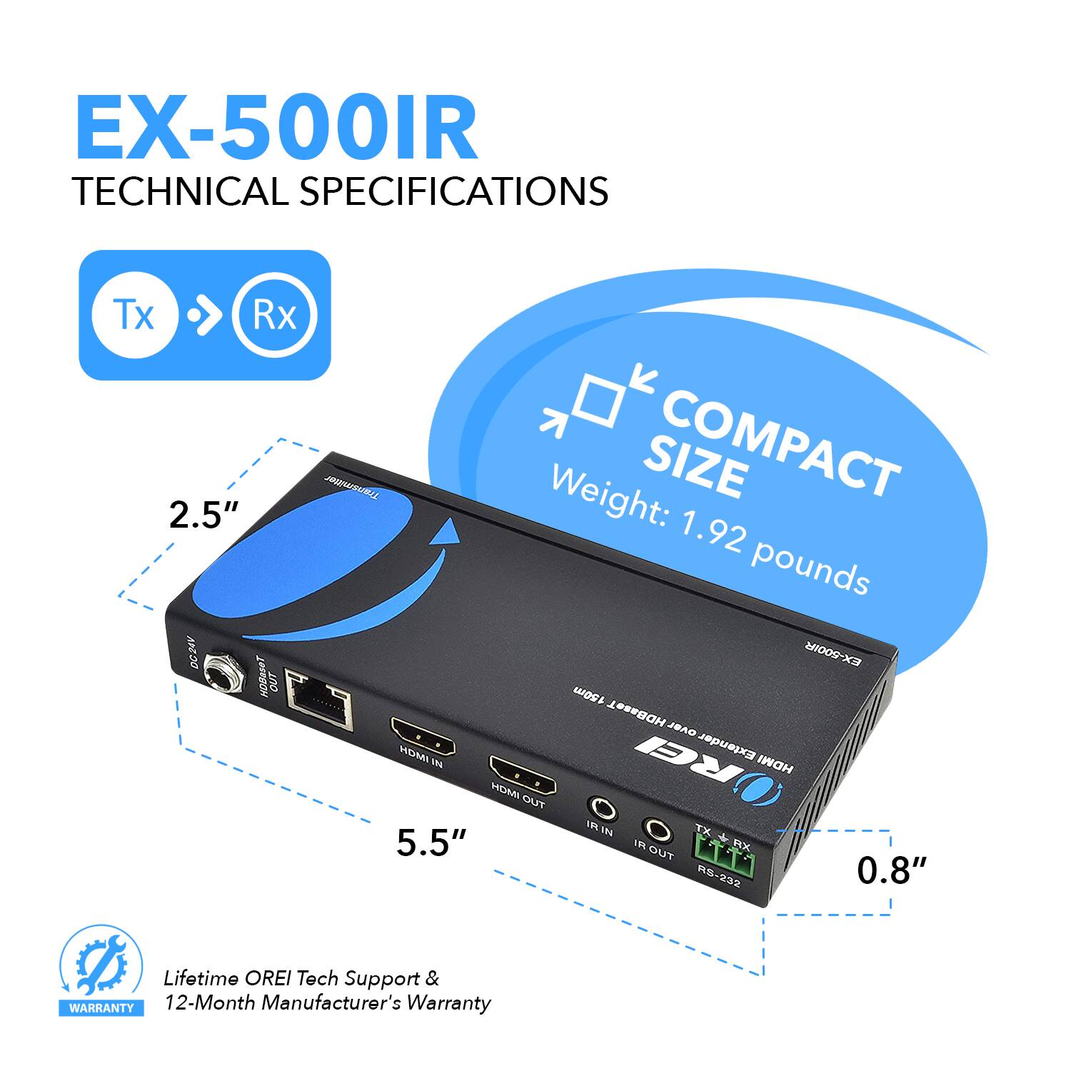 Orei 1080p HDBaseT HDMI Extender (Loop) 500ft (cat6) EX 500IR