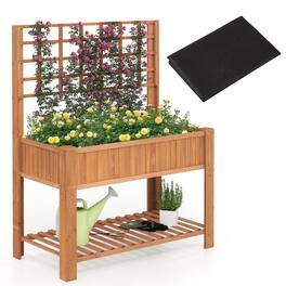 Gymax - Raised Garden Bed w/ Trellis Wooden Elevated Planter Box w/ Legs & Liner Brown - Yellow