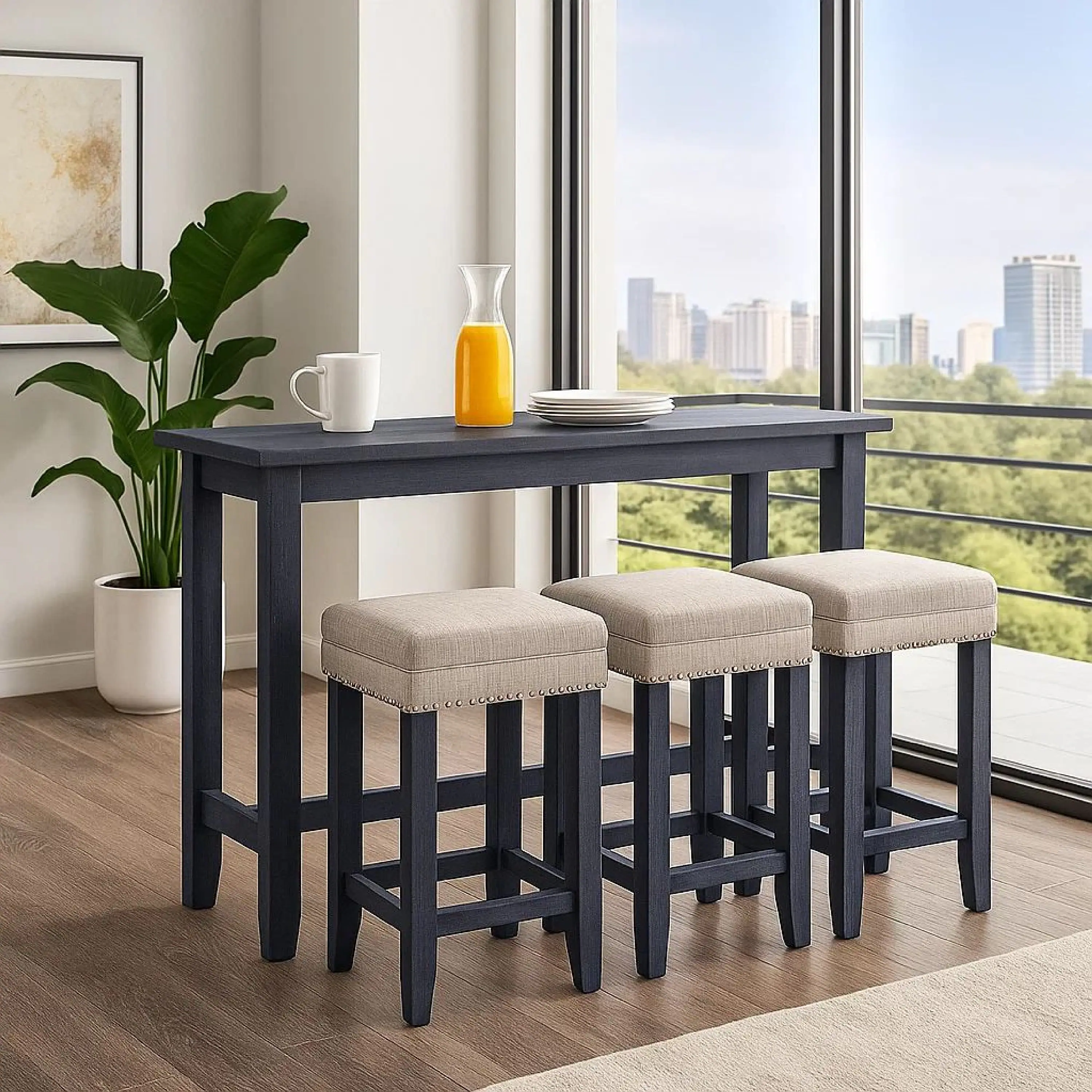 Alt View 5. Manhattan Lane - Eala 4 Piece Counter Height Table and Stool Set, Blue Wood, Gray Fabric - Antique Blue, Gray.