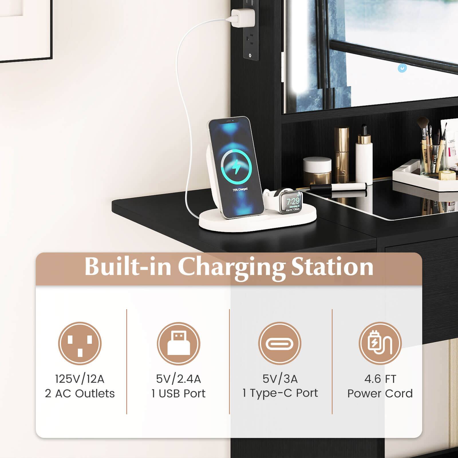 - Ce 7:29
- Built-in Charging Station
  - 125V/12A
  - 2 AC Outlets
  - 5V/2.4A 1 USB Port
  - 5V/3A 1 Type-C Port
  - 4.6 FT Power Cord