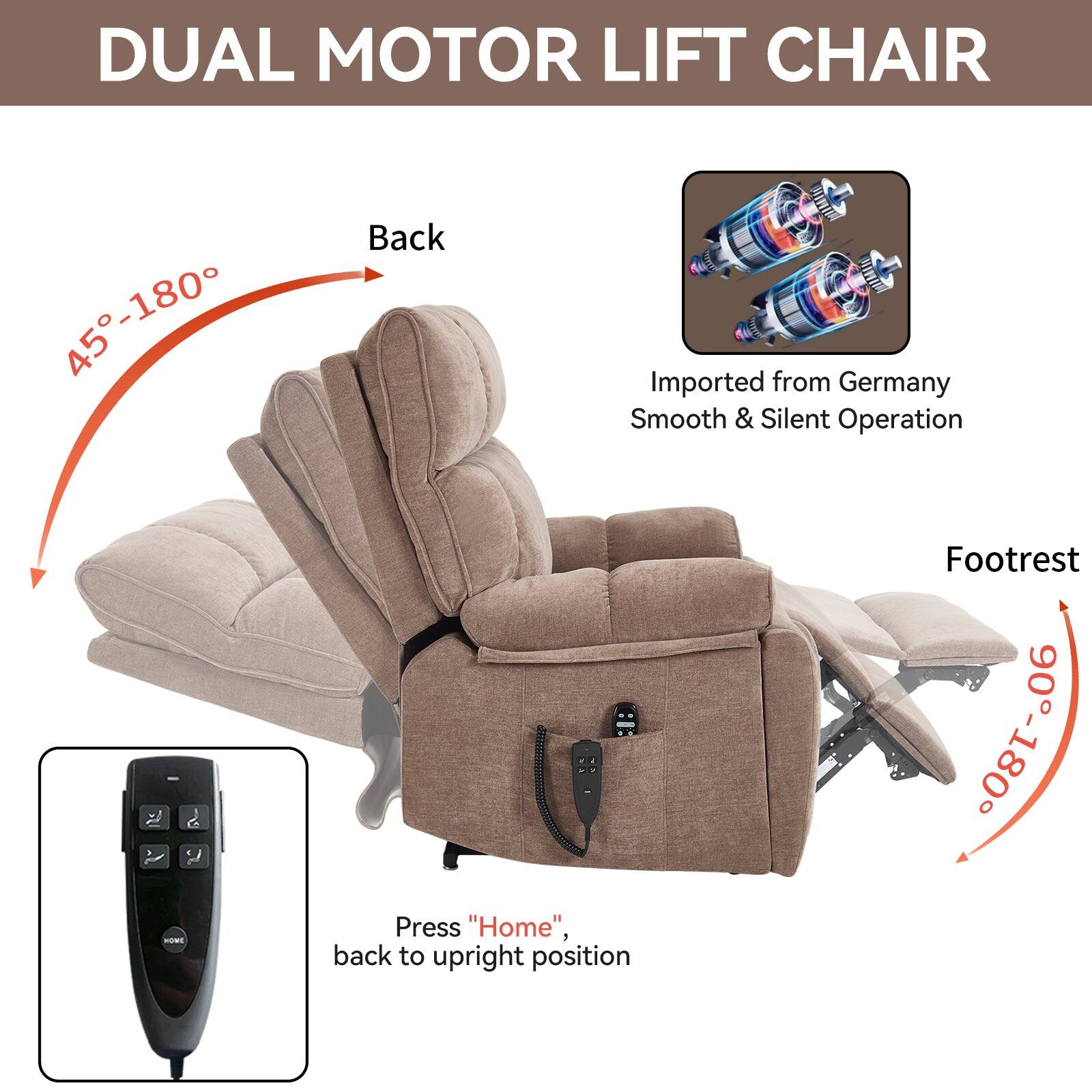 DUAL MOTOR LIFT CHAIR

Back: 45°-180°

Footrest: 0°-80°

Imported from Germany
Smooth & Silent Operation

Press "Home", back to upright position