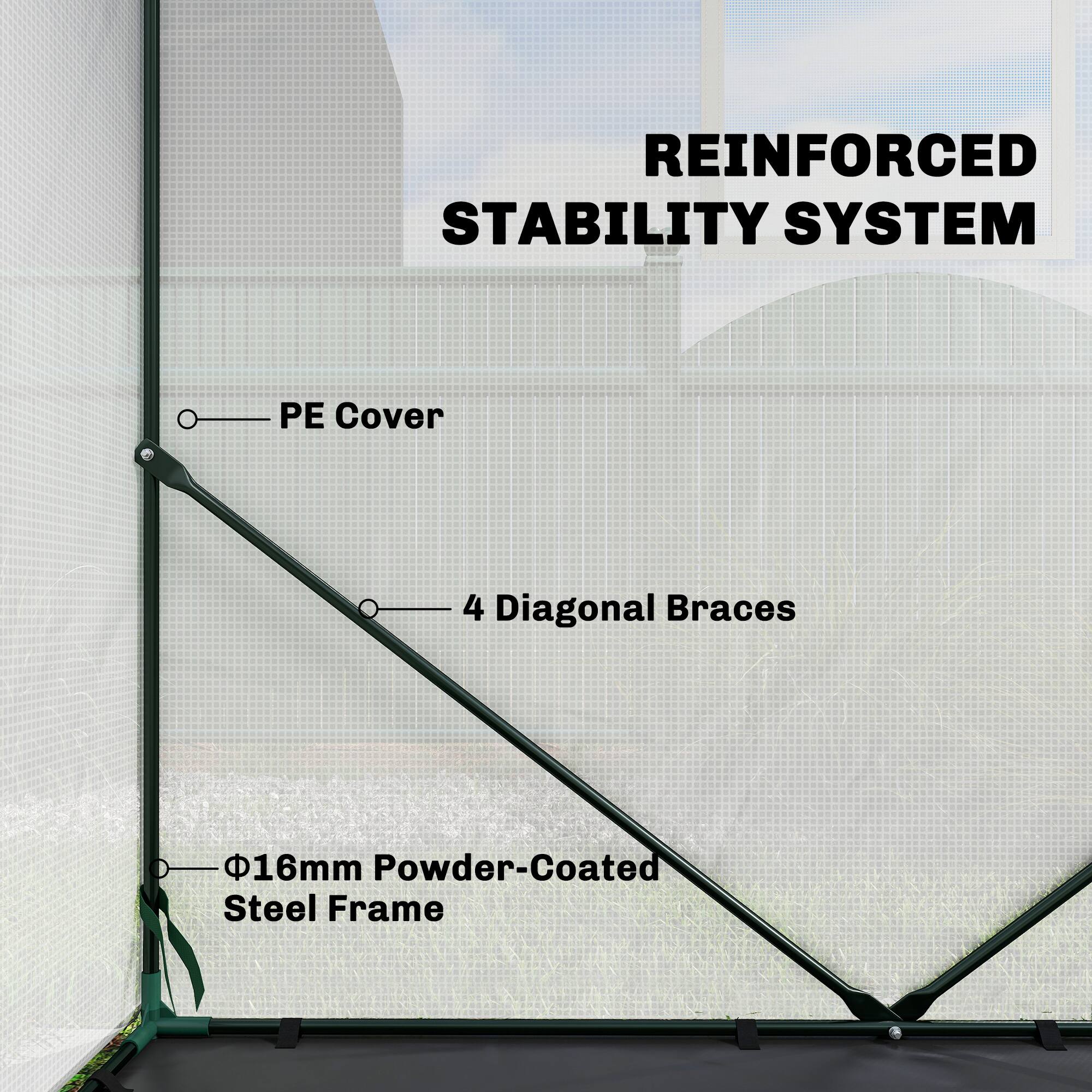 REINFORCED STABILITY SYSTEM

- PE Cover
- 4 Diagonal Braces
- Ø16mm Powder-Coated Steel Frame