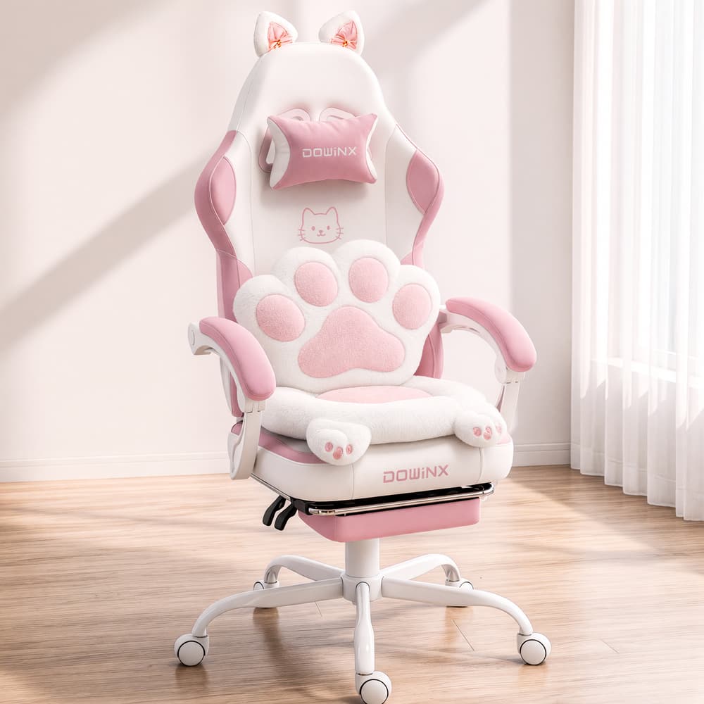 Dowinx - Cute Gaming Chair with Cat Ears and Paw Lumbar Seat Cushion, Ergonomic Computer Chair with Footrest & Headrest - Pink