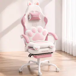 Dowinx - Cute Gaming Chair with Cat Ears and Paw Lumbar Seat Cushion, Ergonomic Computer Chair with Footrest & Headrest - Pink