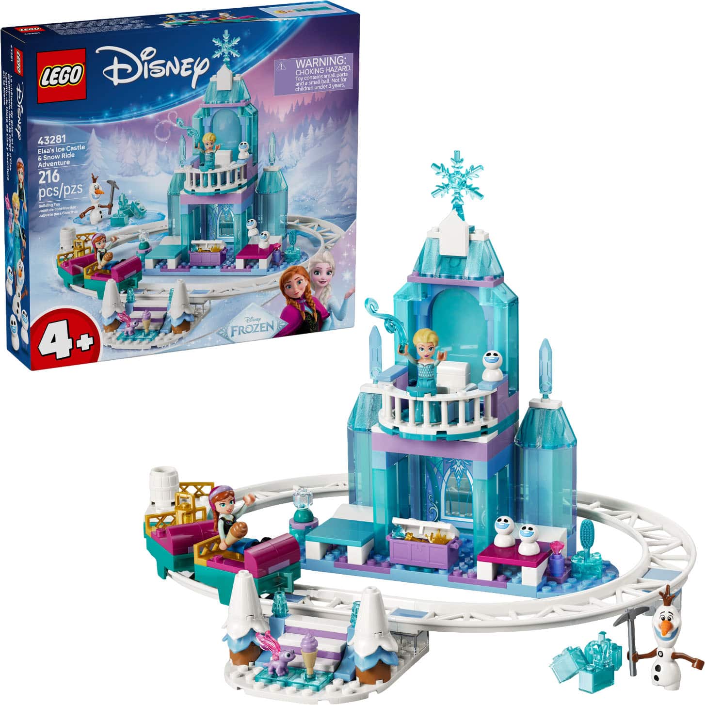 Disney LEGO | Dwe | 43281 Elsa's Ice Castle & Snow Ride Adventure 216 pcs/pzs L  
WARNING: HAZARD CHOKING HAZARD - Small parts. Not for children under 3 years.  
4+  
FROZEN